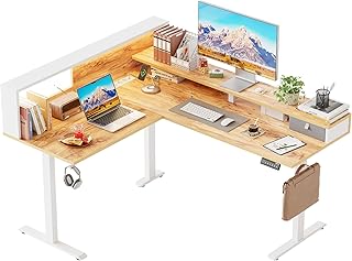 Klicelor Höhenverstellbarer L-förmiger Schreibtisch mit Schubladen, 160 x 140 cm Eckschreibtisch mit Monitorständer, Sitz-Steh-Computertisch mit Steckdosen und Lichtleiste, Hellbraun