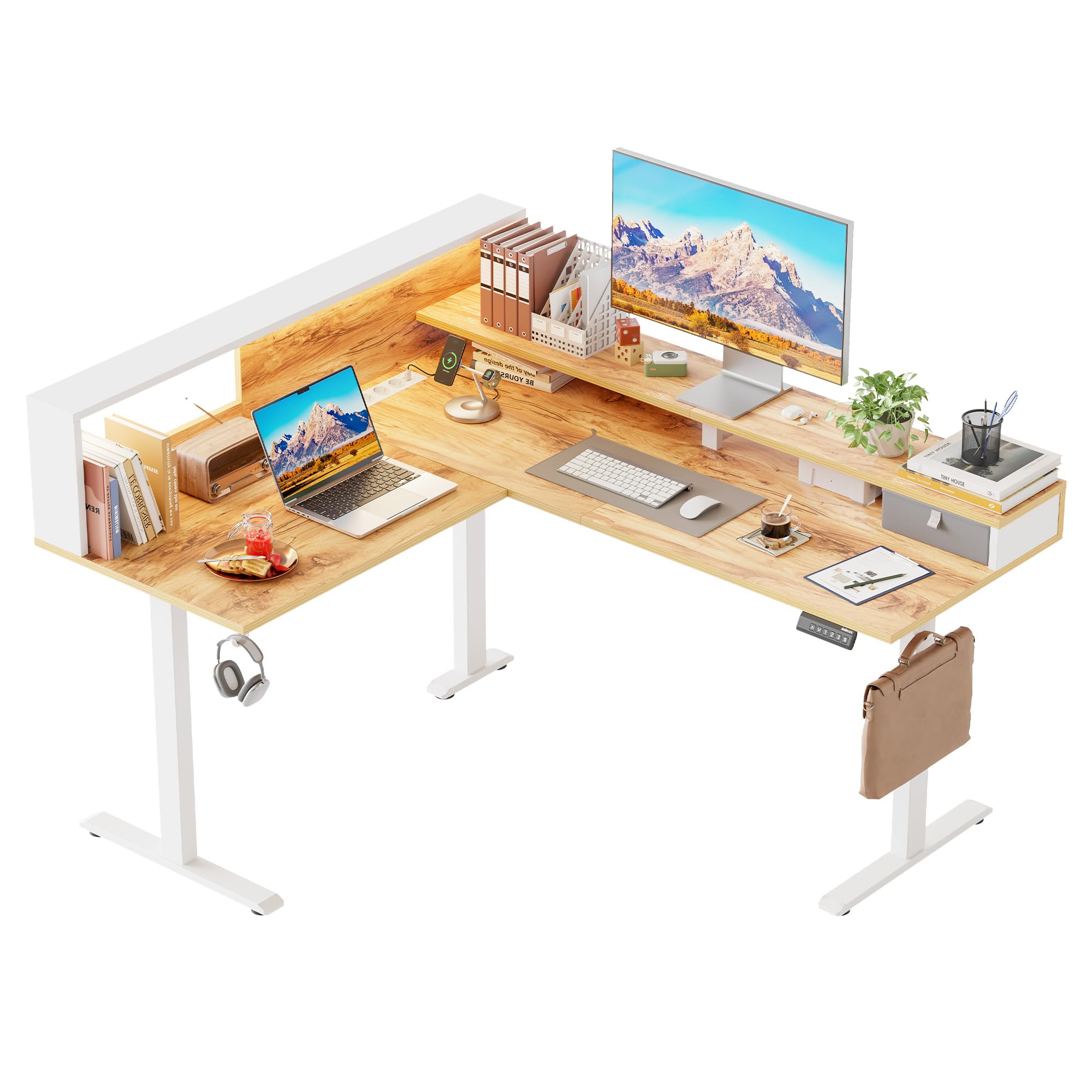 Klicelor Höhenverstellbarer L-förmiger Schreibtisch mit Schubladen, 160 x 140 cm Eckschreibtisch mit Monitorständer, Sitz-Steh-Computertisch mit Steckdosen und Lichtleiste, Hellbraun