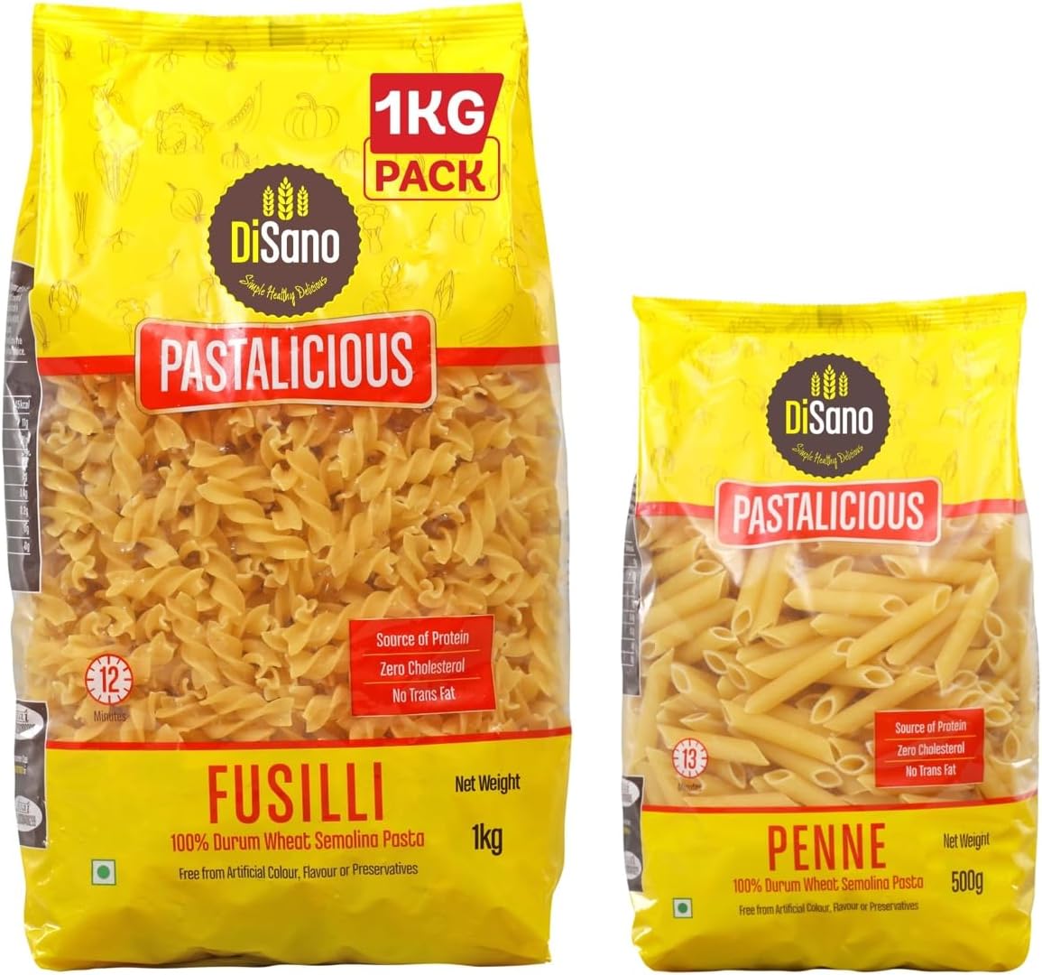 DiSano Pastalicious 100% Durum Wheat Fusilli Pasta, 1kg & DiSano Pastalicious 100% Durum Wheat Penne Pasta, 500 grams