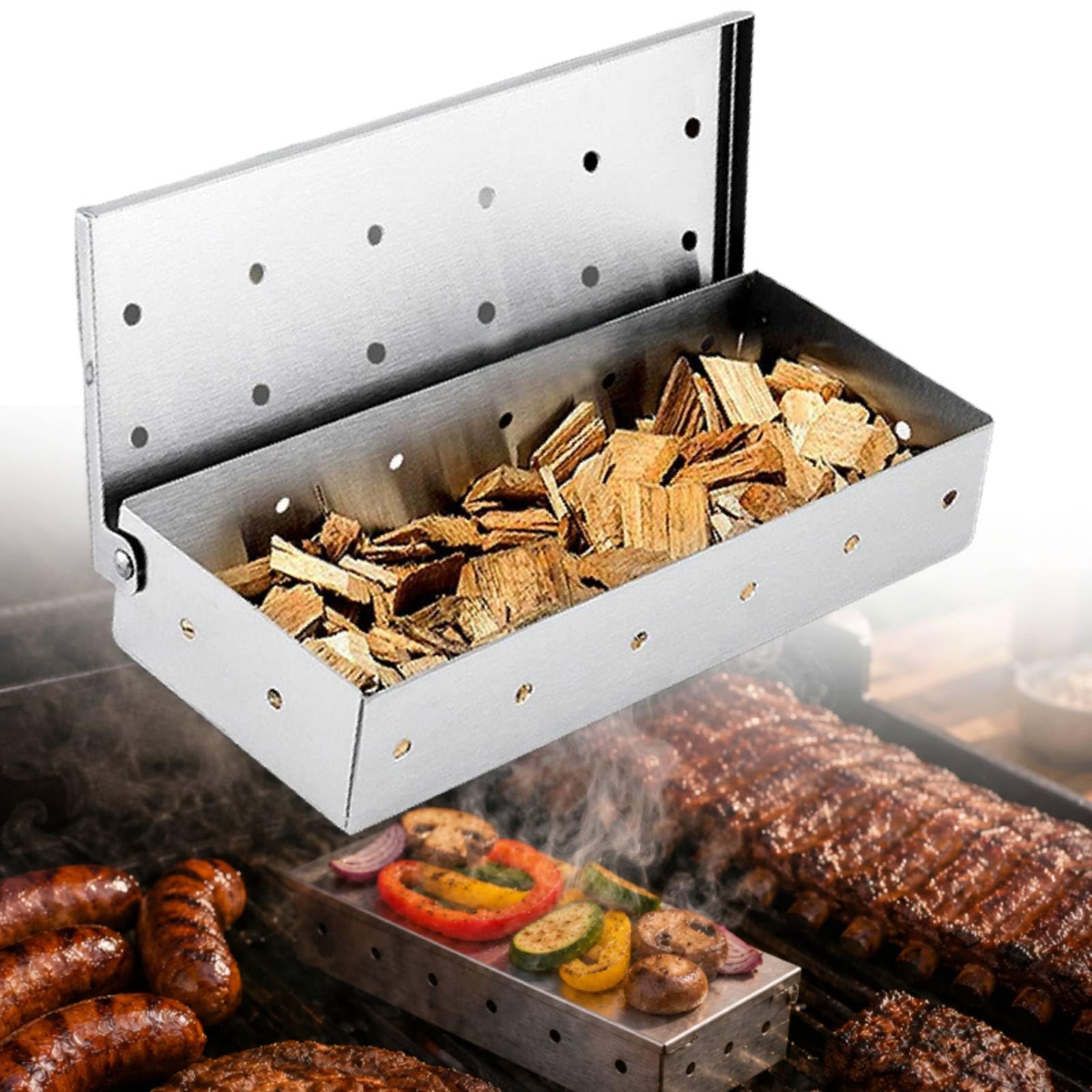 BBQ Smoker Box for Wood Chips, Heavy Duty Stainless Steel Grilling Accessories for Infusing Smoky Flavor into Meat and Fish, Smoke Box for Gas Charcoal Electric Grill, for Outdoor Cooking (1pcs)