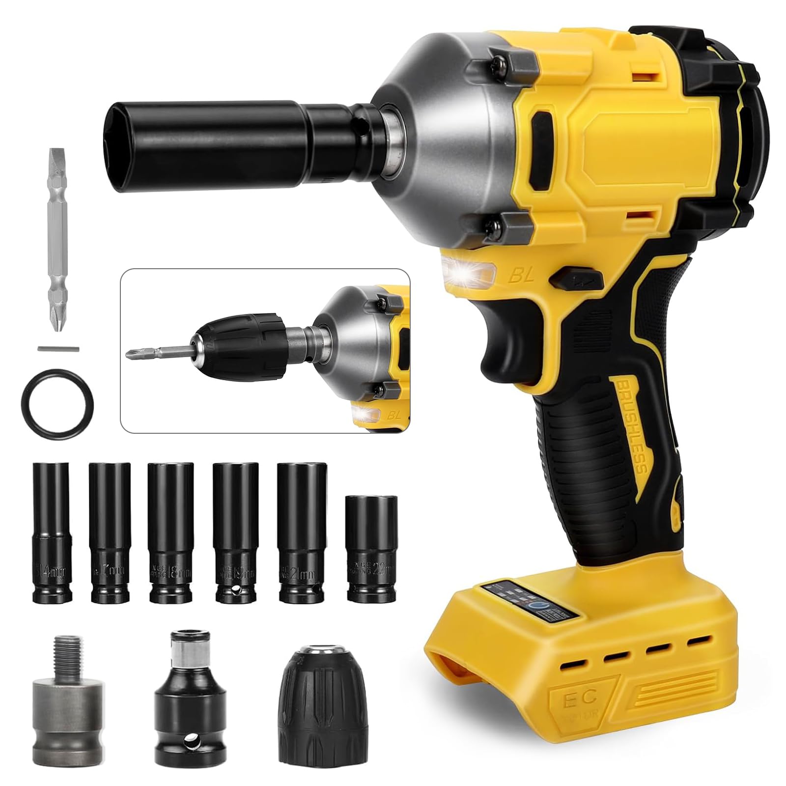 Avvitatore a Impulsi Senza Fili, 600Nm 1/2 Pollice Brushless Compatibile con Dewalt 18V 20V, Chiave Elettrica con 3 Velocità Regolabili e 12 Accessori per Auto, Mobili, Cambio Pneumatici - NO Batteria