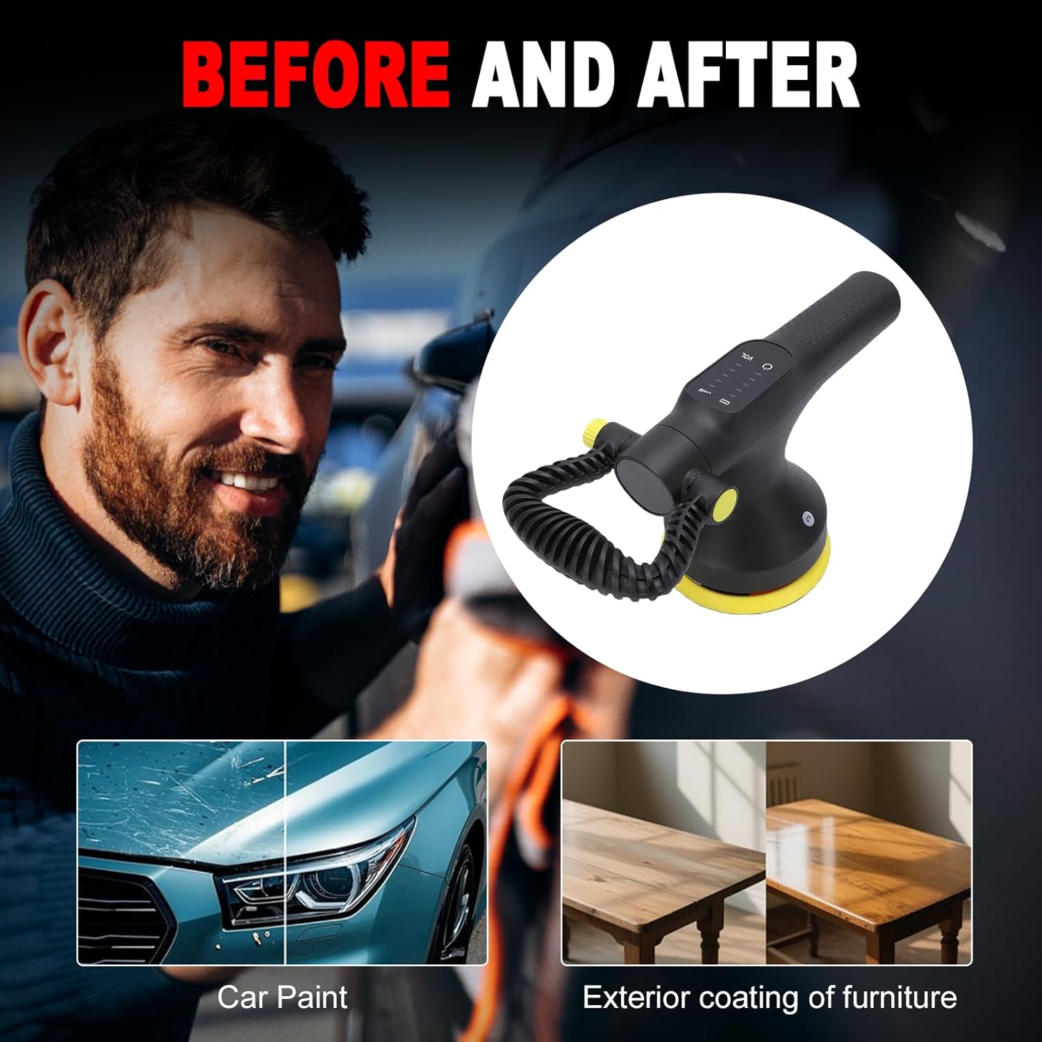 Cordless Car Buffer Polisher Kit, 6000mAh Batteries 5 Variable Speed 2500-5200 RPM Rotary Buffer Waxer with 5in Sandpapers Wool Pads & Polishing Pads LED Lights for Waxing Polishing Sanding Cleaning