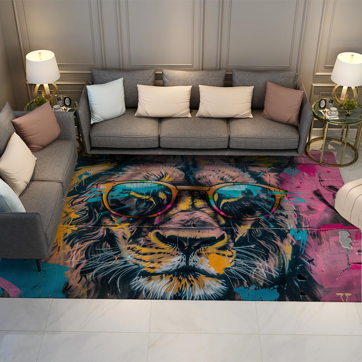 Tapis street art pour salon et chambre enfant motif lion coloré