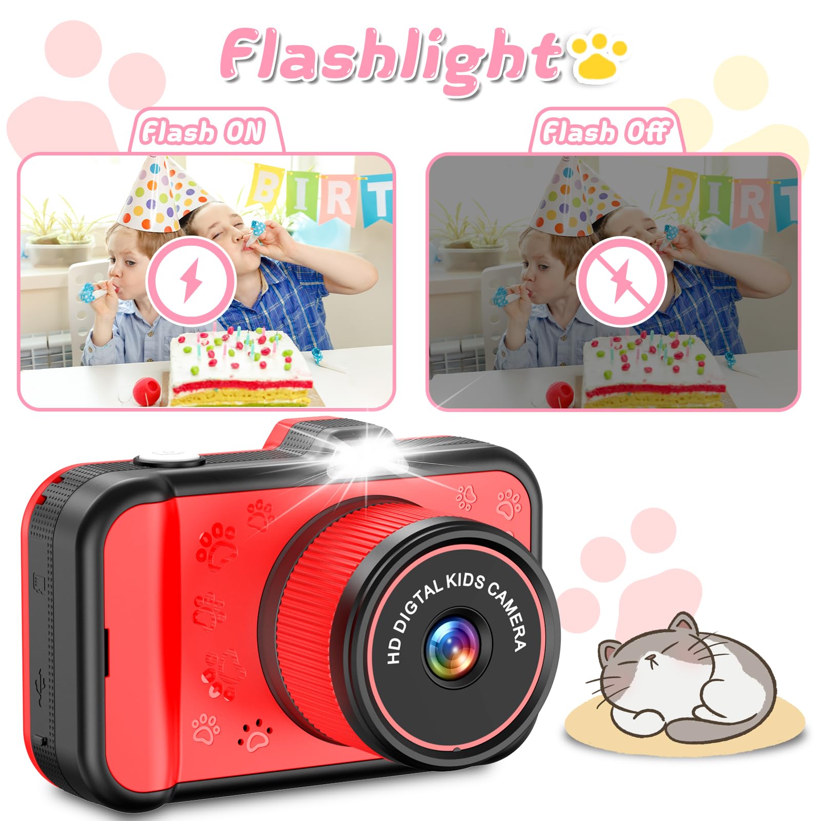 Cámara para niños, cámara digital para niños pequeños con lente de zoom giratorio, pantalla grande de 3.5 pulgadas, cámara de juguete 1080P para niños con flash, tarjeta de 32 GB, regalos de 7