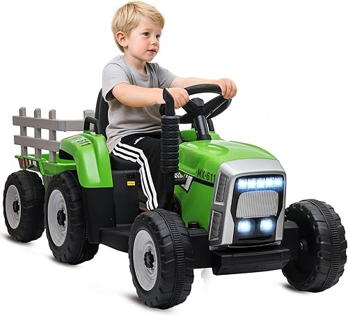 Aosom Tractor de paseo de 12 V con remolque, motores duales de 25 W, tractor eléctrico a batería con control remoto, sonido de arranque de música y disponible en Yaxa Costa Rica