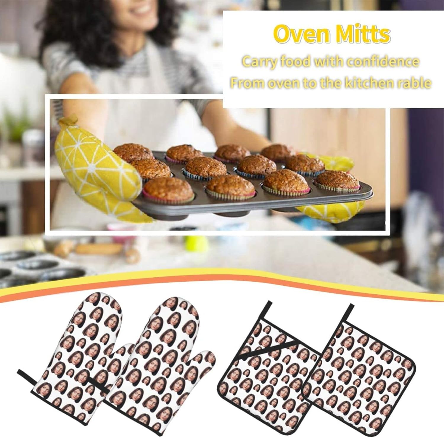 Custom Oven Mitts and Pot Holders Personalized with Your Face, Baking Gifts for Women for Kitchen Cooking, BBQ, Grillin-Style2, 2 Oven Mitts+ 2 Pot Holders