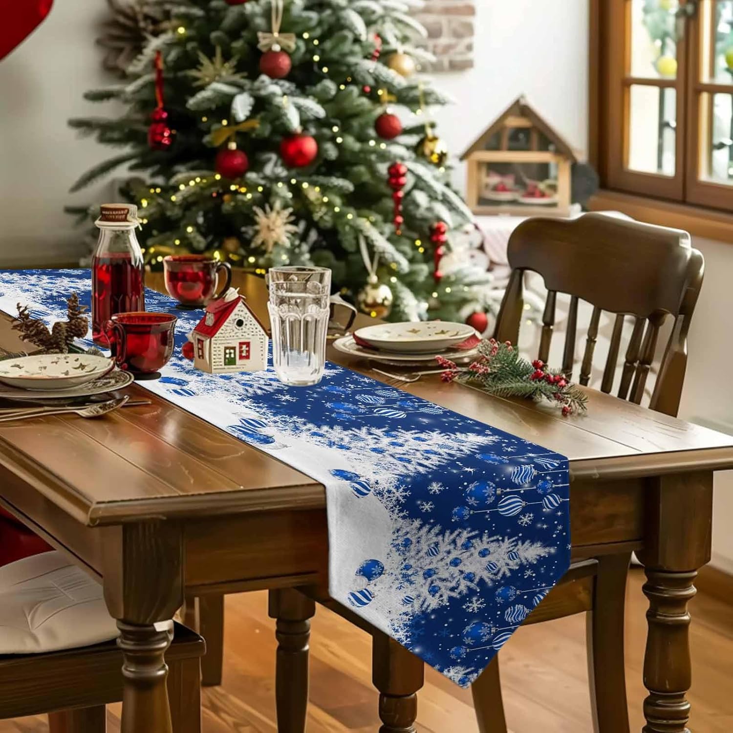 Blue Christmas Table Runner - 120 Inch Long, Winter Xmas Tree Washable Farmhouse Runner, Anti-Slip Coffee Table Dresser for Kitchen Holiday Wedding Decor - 13x120 inch