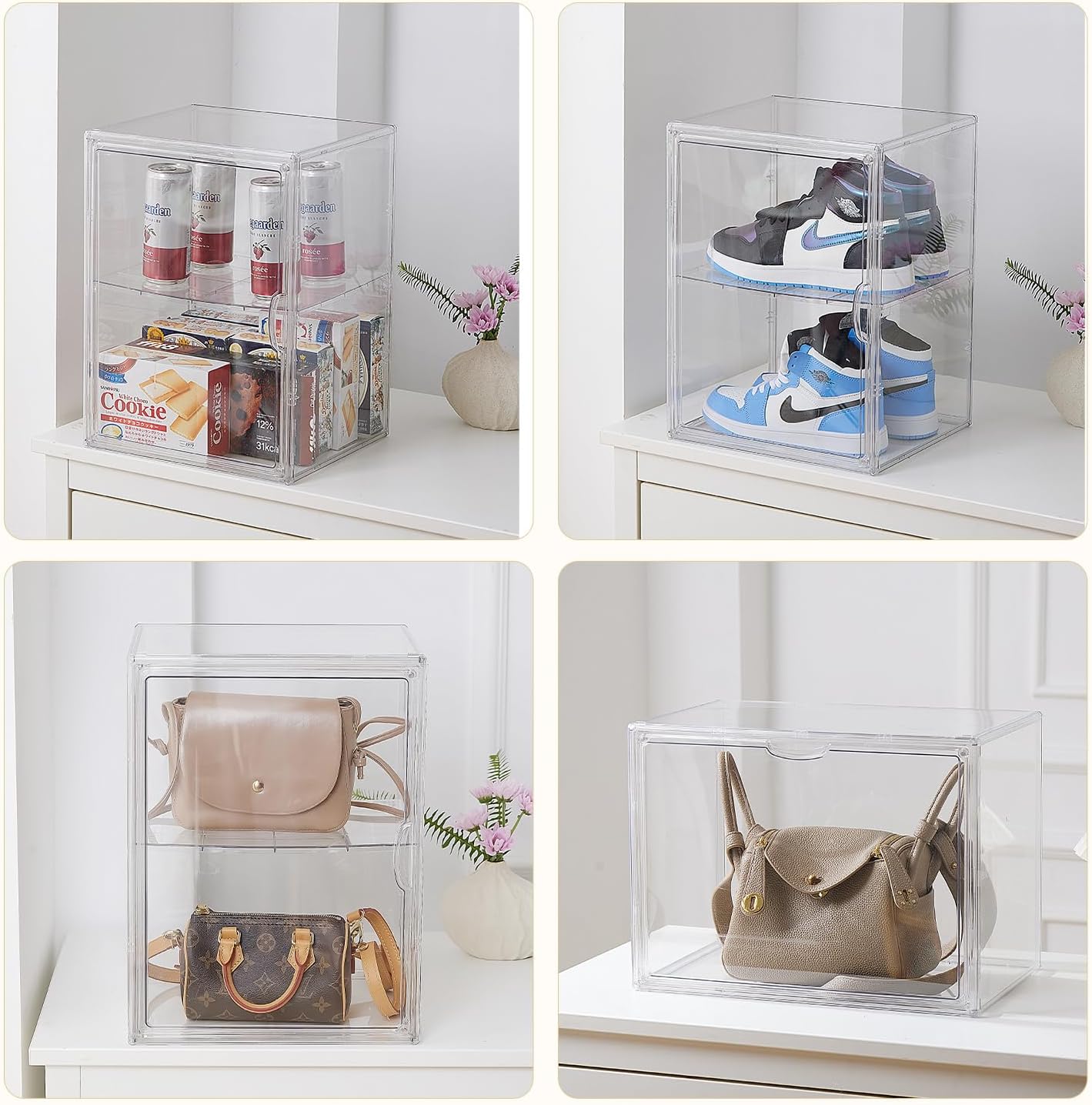 3 Tiers Clear Acrylic Display Case, Plastic Storage Bins with 2 Adjustable Divider and Magnetic Door,Stackable Display Box for Figures Showcase (XXL-4 Tier-2 Pack)