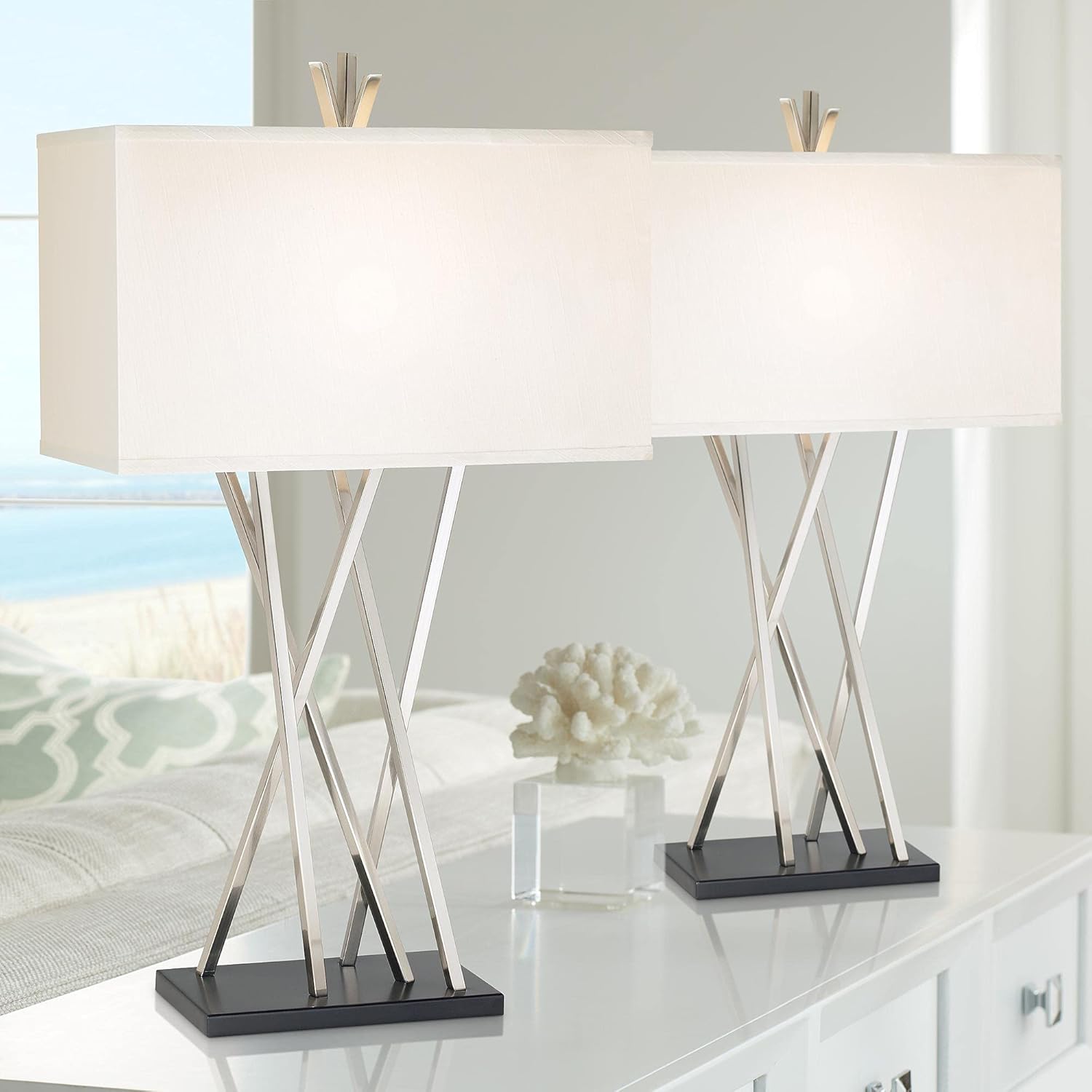 Possini Euro Design Asymmetry 30" Tall Large Modern End Table Lamps Set of 2 Silver Brushed Steel Finish Metal Linen White Shade Living Room Bedroom Bedside Nightstand House Office Home Reading