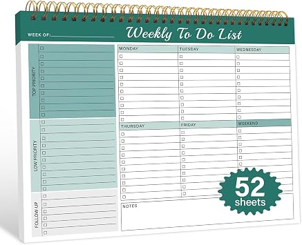 Weekly To Do List Notepad with 52 Undated Sheets8.5"11"- Weekly Desk Planner Pad with Spiral Binding for Women & Man, Office, School and Home Personal Organizer