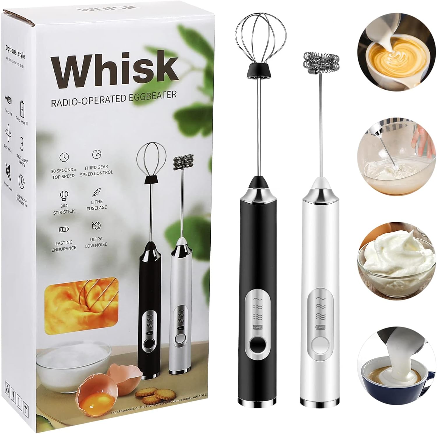Cabilock Electric Milk Frother with Stand 2 Heads Stainless Steel Electric Whisk Handheld Automatic Coffee Mixer Foam Maker Blender for Latte Cappuccino Matcha Hot Chocolate Egg, White