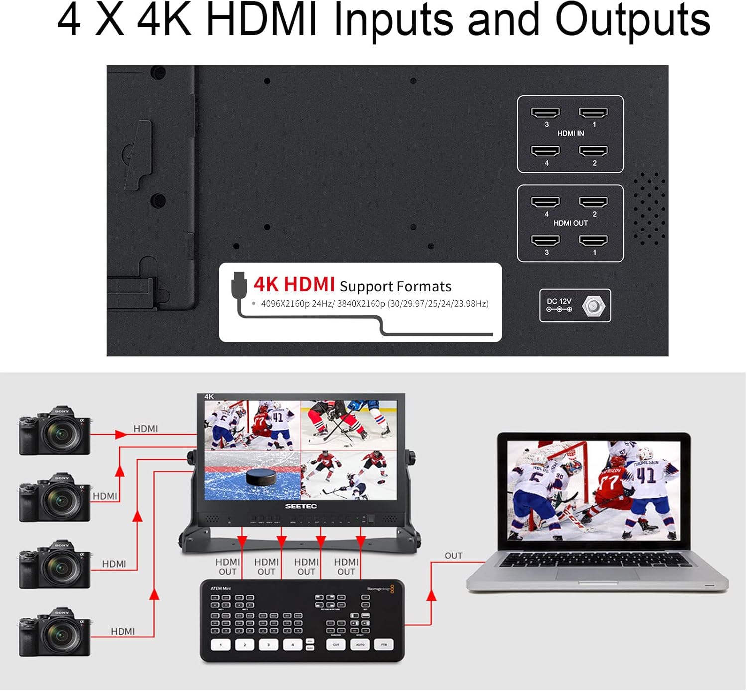 SEETEC ATEM156 15.6" IPS Live Streaming Broadcast Director Monitor with 1920×1080 Pixels 4 HDMI Input Output Quad Split Display for ATEM Mini Video Switcher Mixer Pro Studio Television Production