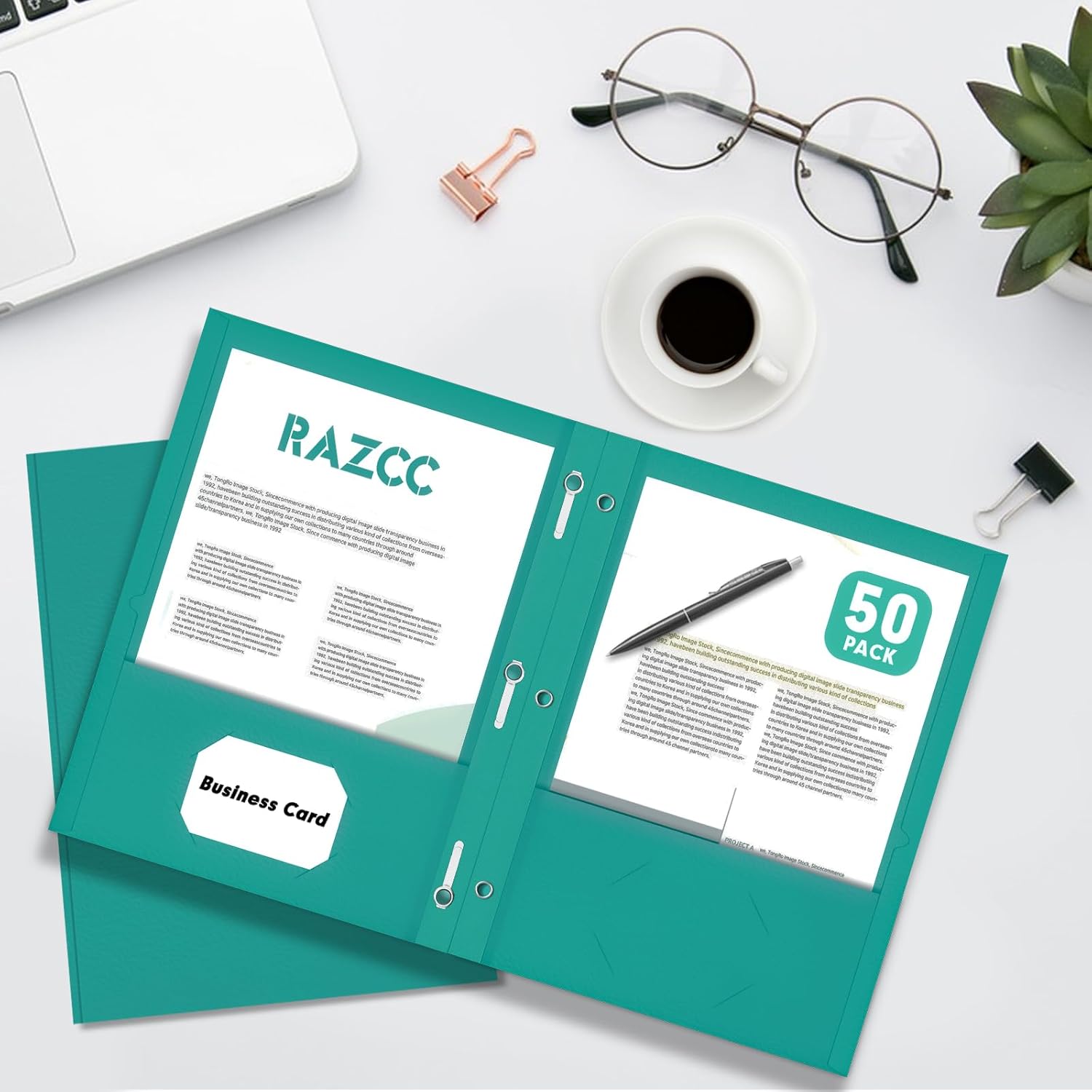 Two Pocket Folders, RAZCC 75 Pack Two Pocket Folders with Prongs, 3 Prong Folders Fit Letter Size Paper, Pocket File Folders for School Office Home Business, Turquoise