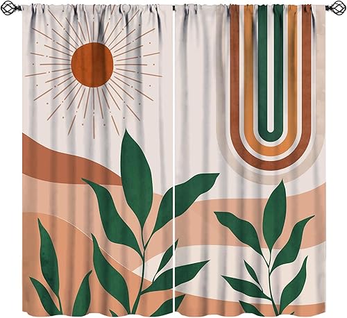 Miniatura 11 de Cortinas Retro de Atardecer, Bohemio de Mediados de Siglo Moderno Abstracto Amanecer Japonés Azul Ola del Océano Opacas Tratamientos de Ventana para