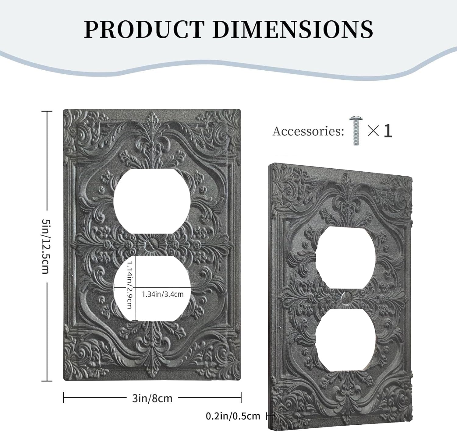 Victorian Floral Duplex Outlet Cover Plate, Ornate Baroque Embossed Decorative Wall Plate for Bedroom, Living Room, Bathroom & French Country Home Decor - Medium Gray Finish image 3