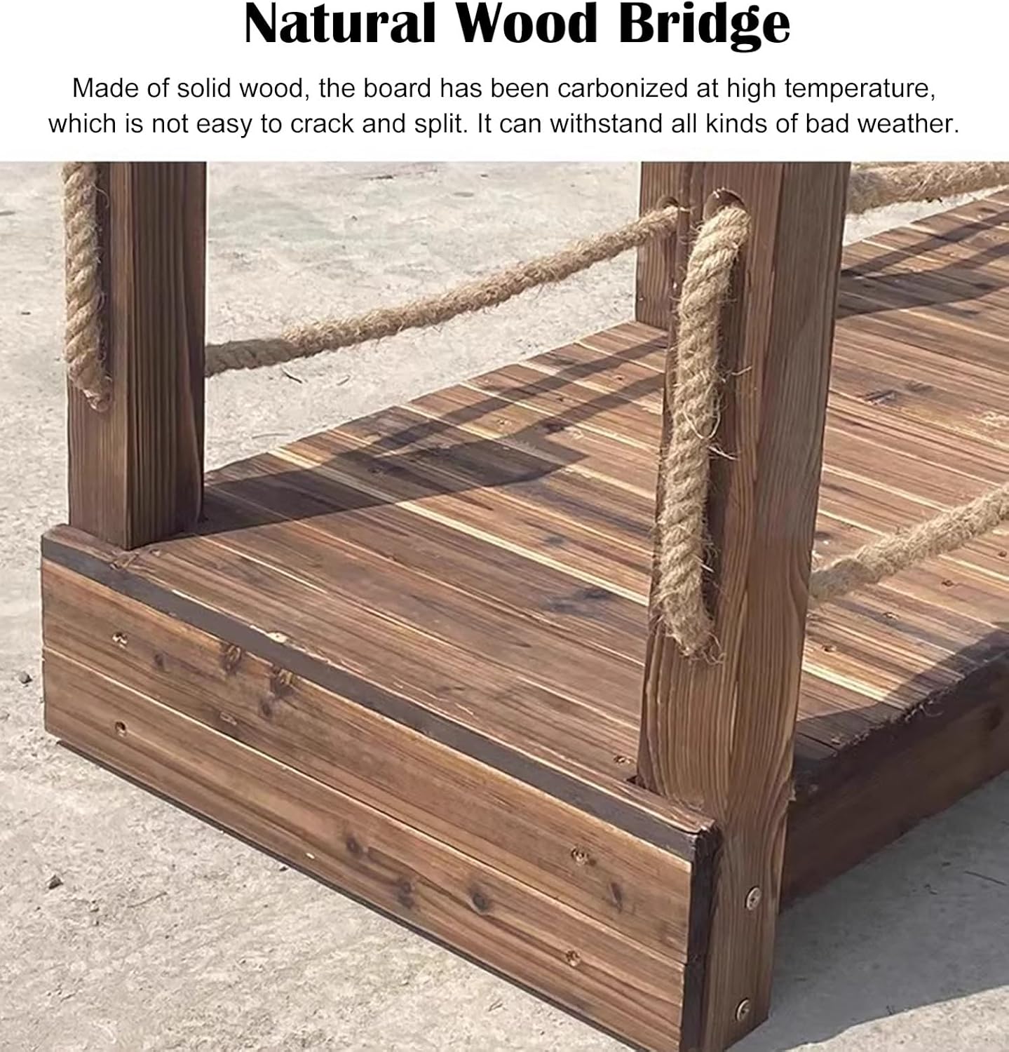 Wooden Backyard Bridge Decorative Garden Bridge with Jute Rope Rails, Solid Wood Pond Bridge Rustic Garden Ornament, Backyards Streams Creek Wooden Footbridge