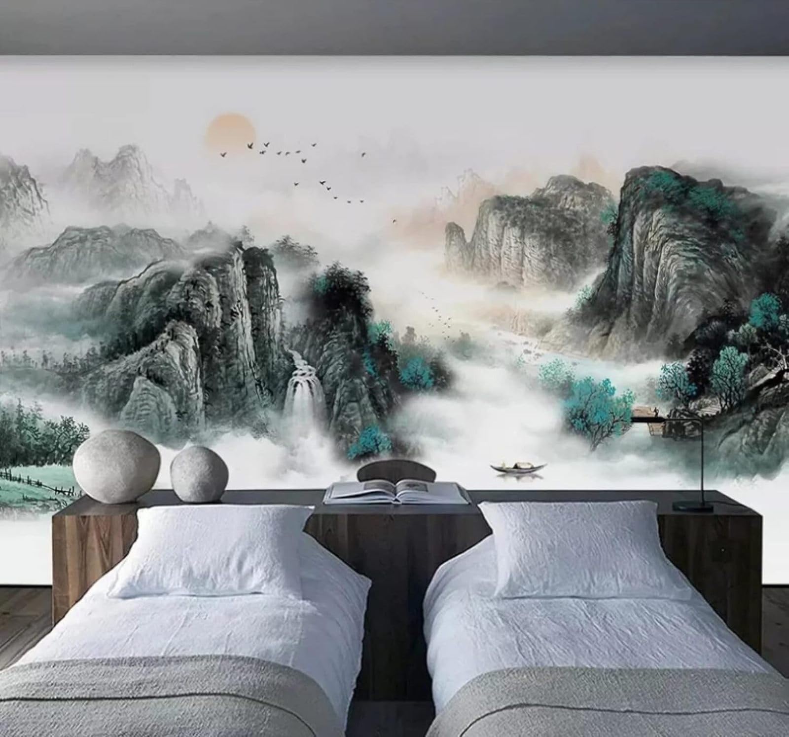 XLMING Hand Painted Ink Wash Landscape Sunrise Scenery 3D Wallpaper Luxury Silk Study Dining Feature Sofa Grey Bedroom Living Room Tv Decorative Wall-430cm×300cm