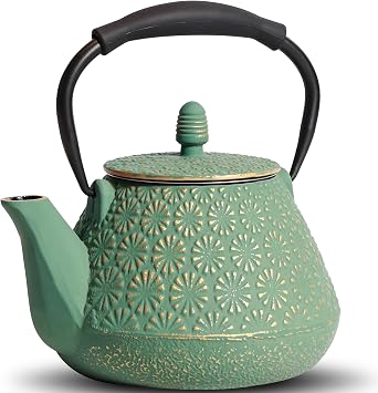 Cast Iron Teapot, 40oz Tea Kettle with Infuser for Stove Top, Sakura Design Japanese Tea Pot for Tea&Coffee Coated with Enameled Interior, Silicone Handle 1200ml Green