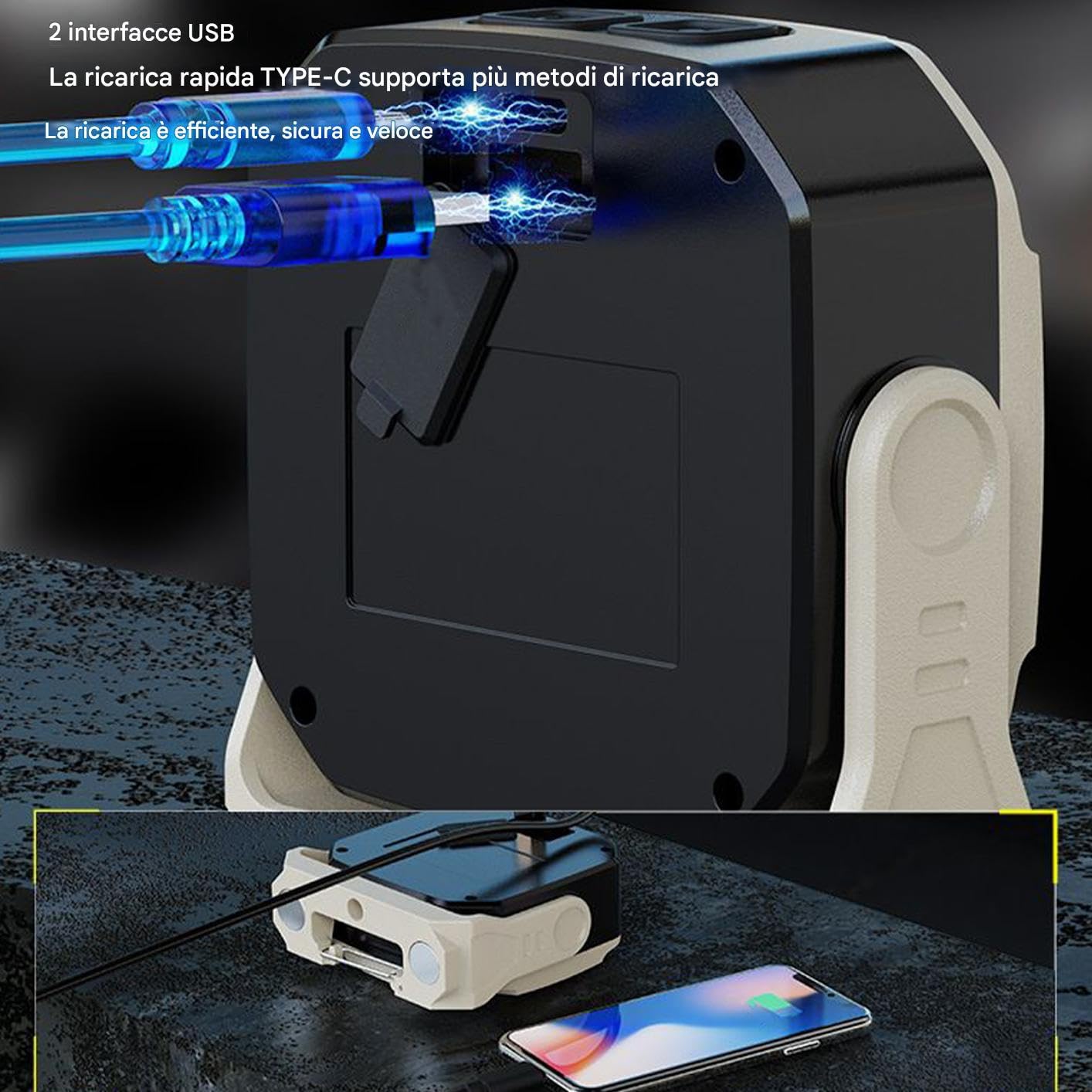 Lampada Da Lavoro Magnetica Ricaricabile 5000 MAh - 2400 Lumen, Impermeabile, Rotazione 360°, Per Cantieri E Officina