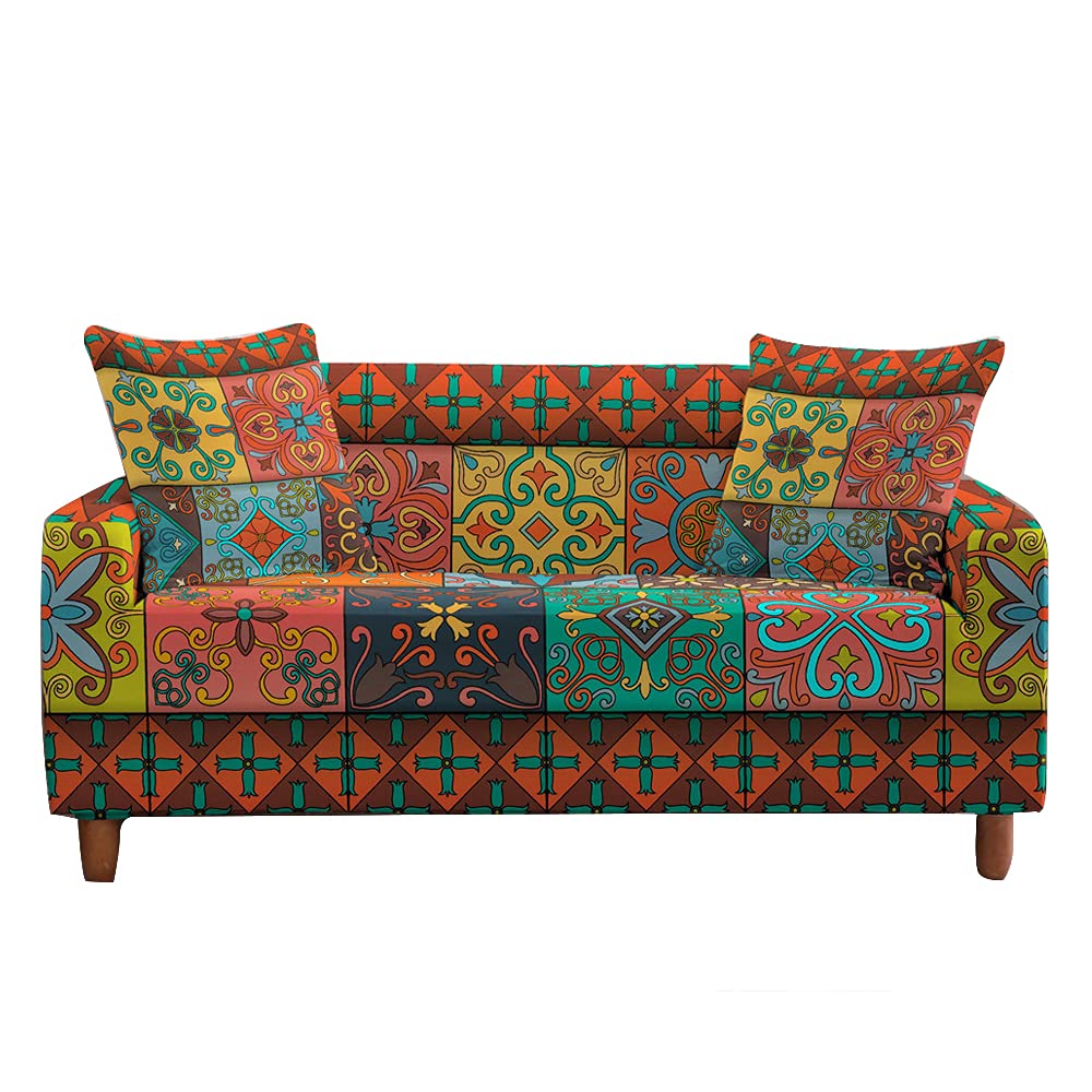 Fansu D Stretch Sofa Cover Exotic Bohemia Patchwork Printe Slipcover, Universal Settee Loveseat Couch Cover Home Ecor, Soft Removable Washable Pet Furniture Protector (,4 Seater)