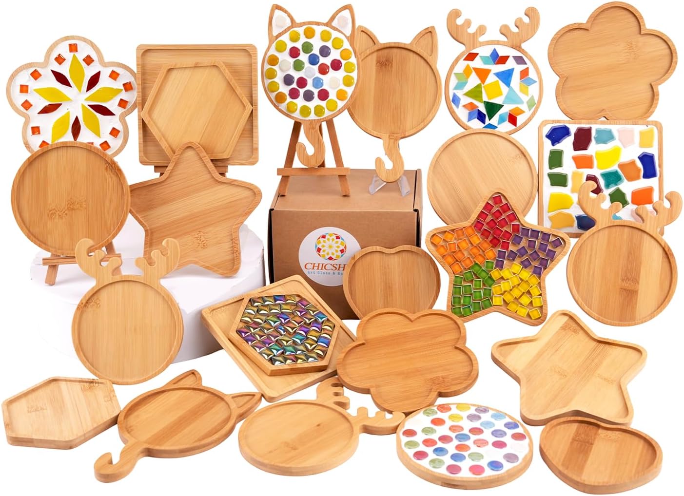 CHICSHIS 16 Pack Large Wooden Mosaic Bases – Assorted Shapes DIY Coaster Blanks for Stained Glass Projects, Wood Surface for Handmade Glass Tile Crafts & Mosaic Art Supplies