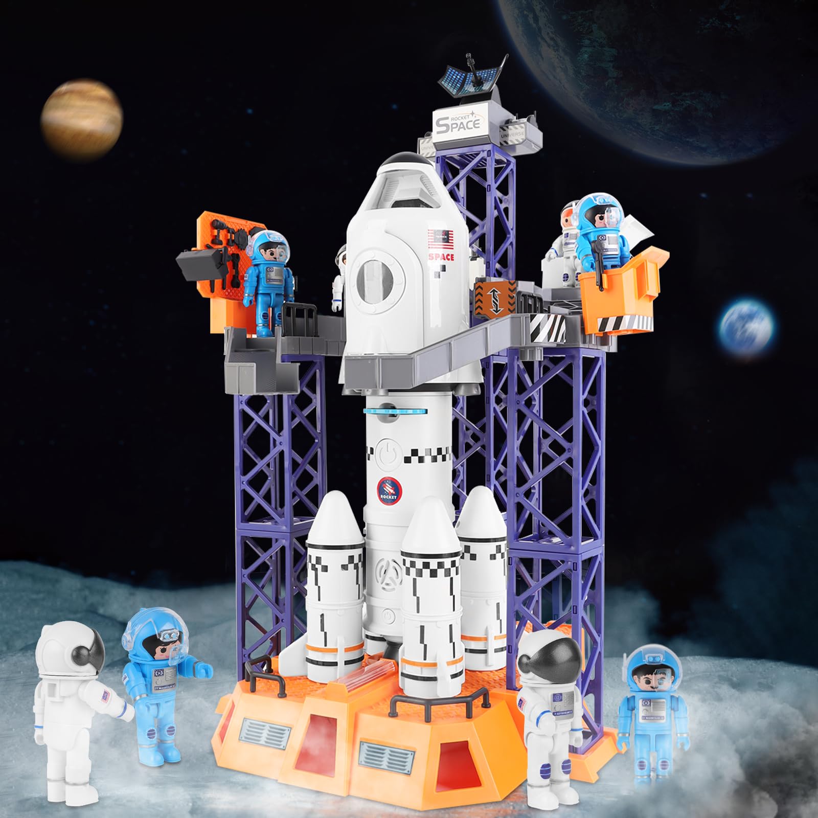 deAO Cohete Espacial Niños, Construye, Simulación de Lanzamiento de Cohete con Funciones de Voz, Luz y Humo, Planetas Proyección, Juegos Educativos de Ciencias a Partir de 4 5 6 Años