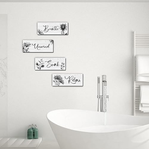 Miniatura 5 de 4 Piezas de Arte de Pared para Baño Decoración Rústica de Casa de Campo Letrero de Relajarse, Remojarse, Desconectar y Respirar Letrero de Madera