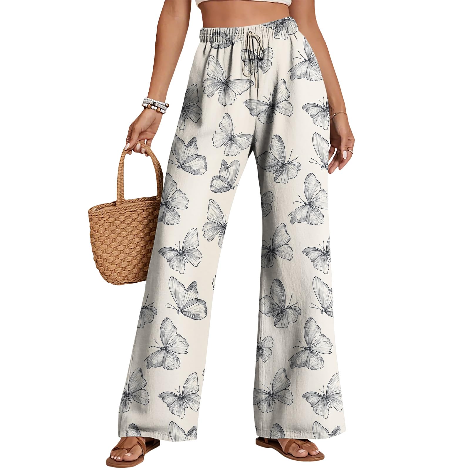 Womens Butterfly Print Pants Summer Casual Drawstring Waist Pants Floral Dragonfly Graphic Trousers Lightweight