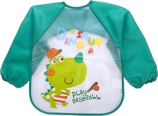 مريلة تغذية - مريلة طويلة الأكمام مقاومة للماء للجنسين للأطفال الصغار والرضع، بتصميم مريح لوقت تناول الطعام، للأعمار من 6 أشهر إلى 3 سنوات