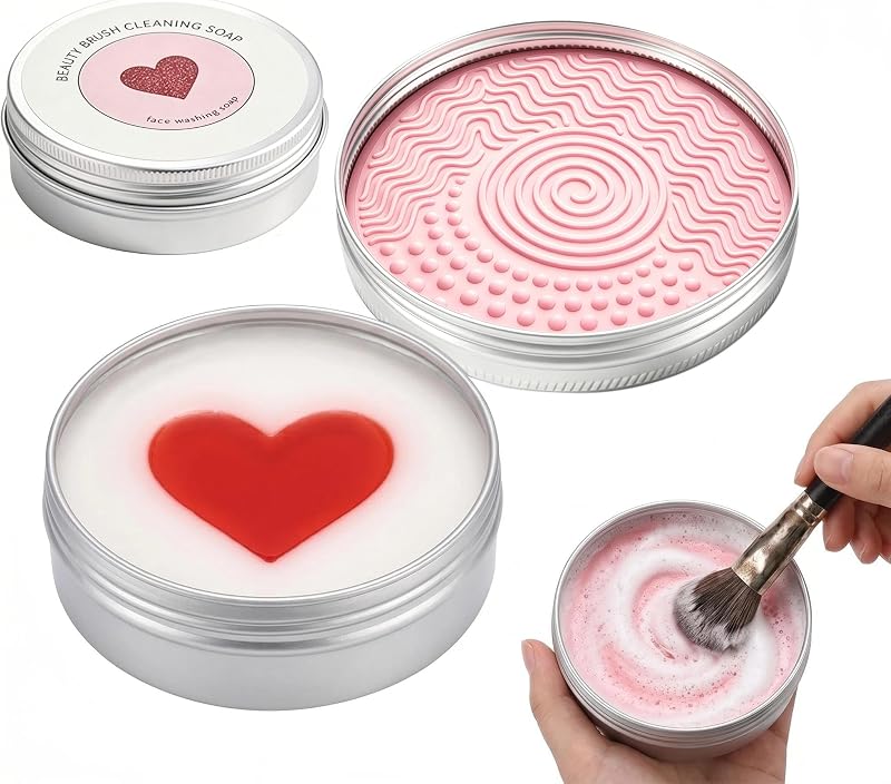 Makeup Brush Cleaner Soap with Silicone Pad, Deep Clean Brush Sponge | 2-in-1 Heart Shape Makeup Brush Cleaner Soap, Deep Clean Makeup from Brushes Beauty Blenders, Vegan pink