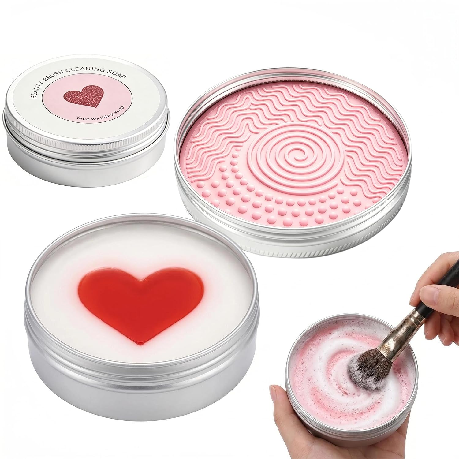 Makeup Brush Cleaner Soap with Silicone Pad, Deep Clean Brush Sponge | 2-in-1 Heart Shape Makeup Brush Cleaner Soap, Deep Clean Makeup from Brushes Beauty Blenders, Vegan pink
