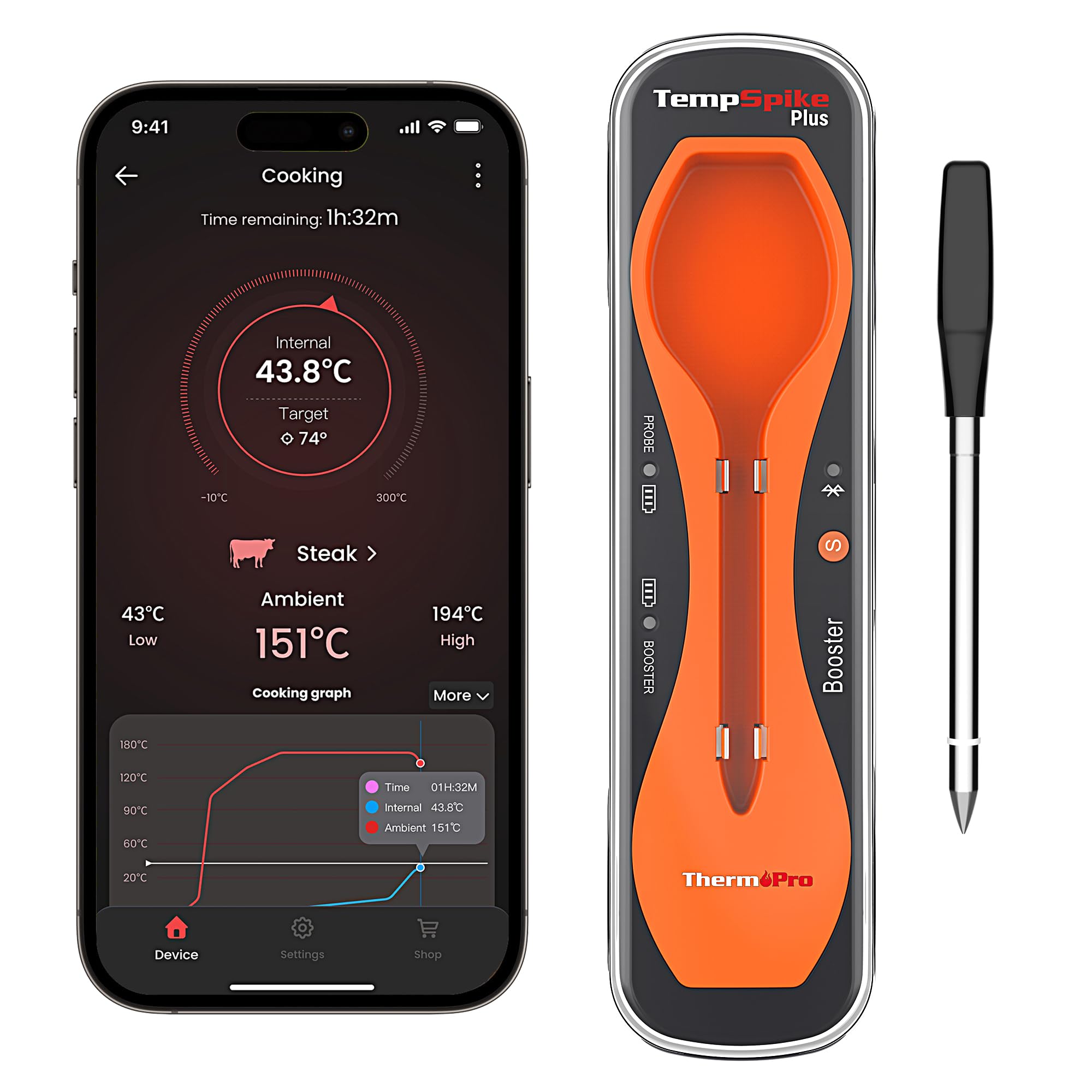 ThermoPro TempPro Plus Thermomètre de Cuisine Sans Fil 180M avec Sonde Mince Améliorée, Thermomètre à Viande Bluetooth pour Grillades, Thermomètre Alimentaire pour BBQ, Rôtisserie