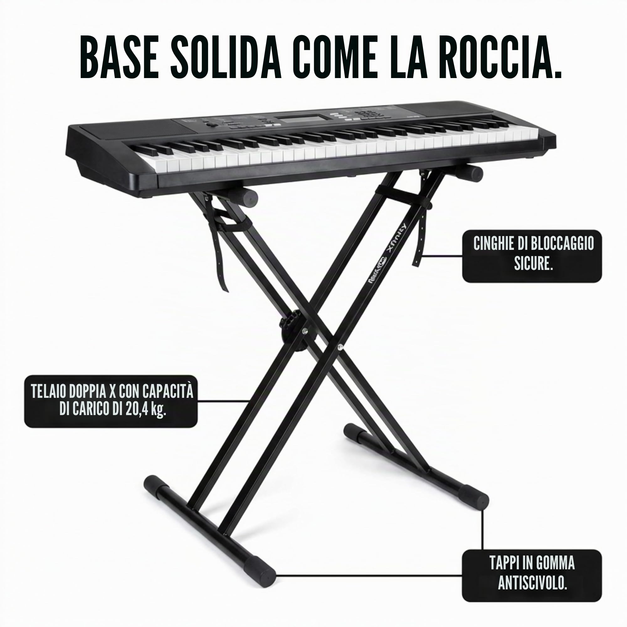 RockJam Supporto per Tastiera Xfinity a Doppia Barra Regolabile con Cinghie di Bloccaggio