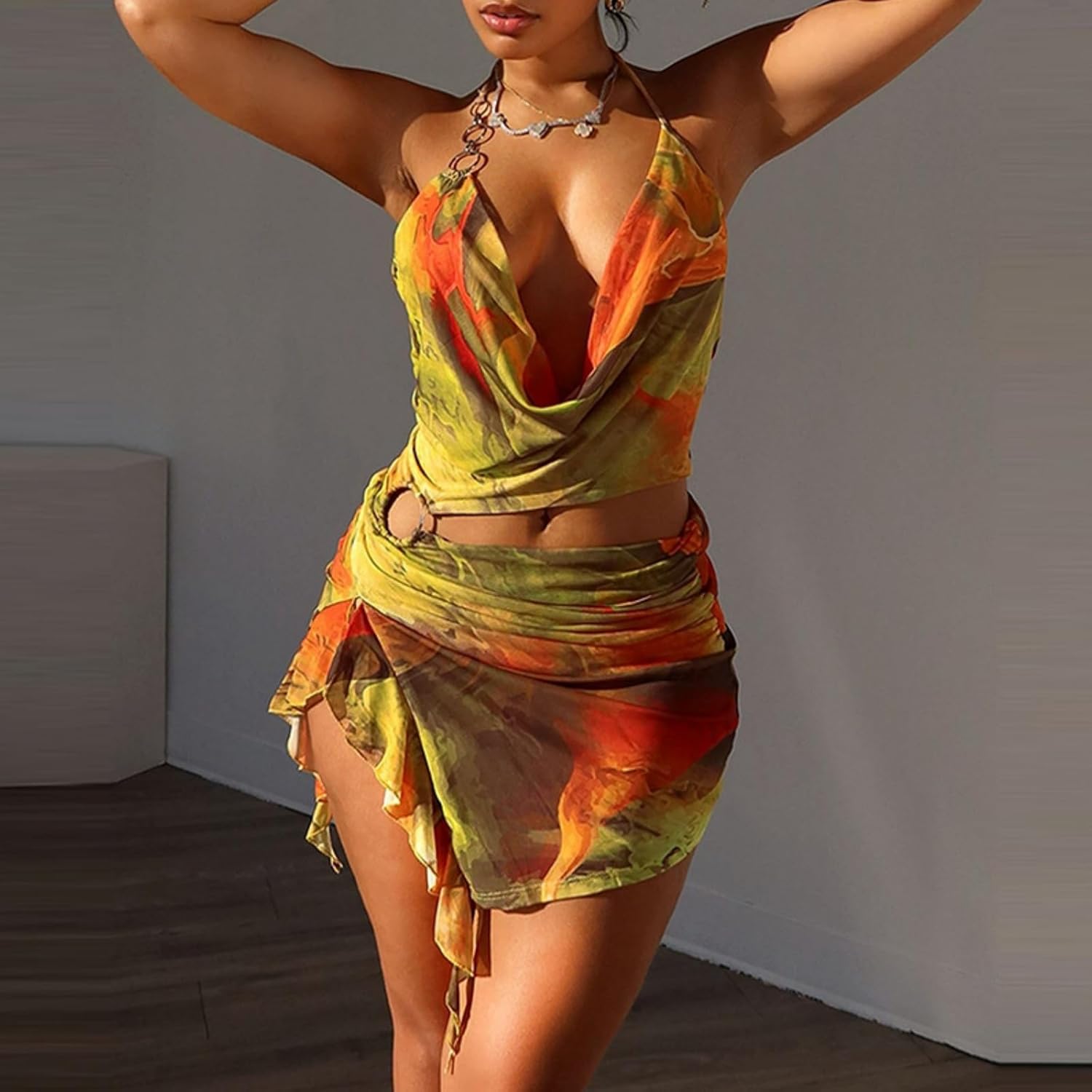 Women Sexy Sheer Halterneck Mini Dress Hollow Out Colourful Mesh Floral Dress for Beach Party Night - Image 3