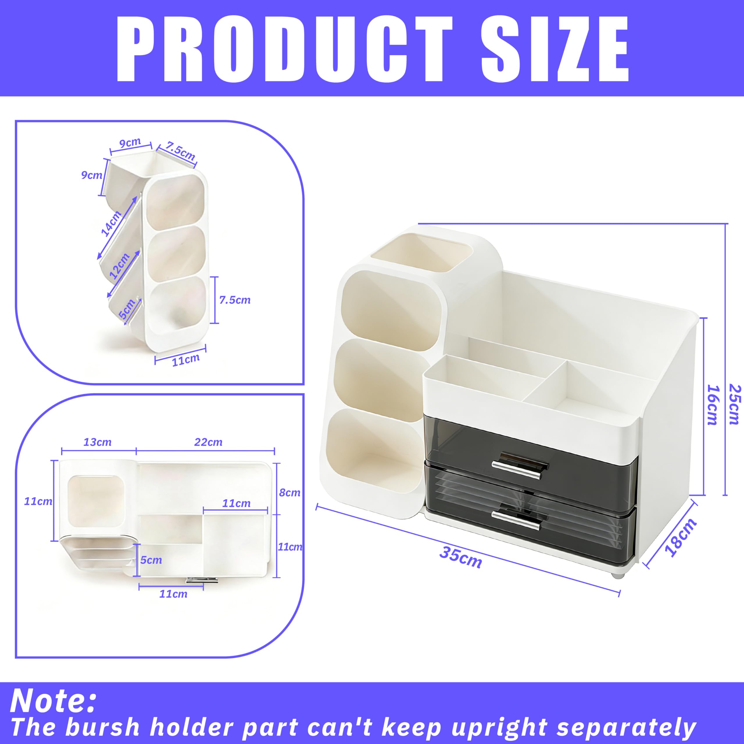 Organizador de cosméticos grande con cajones – 3 en 1 para brochas y cosméticos, elegante caja blanca para organizar y almacenar en el tocador