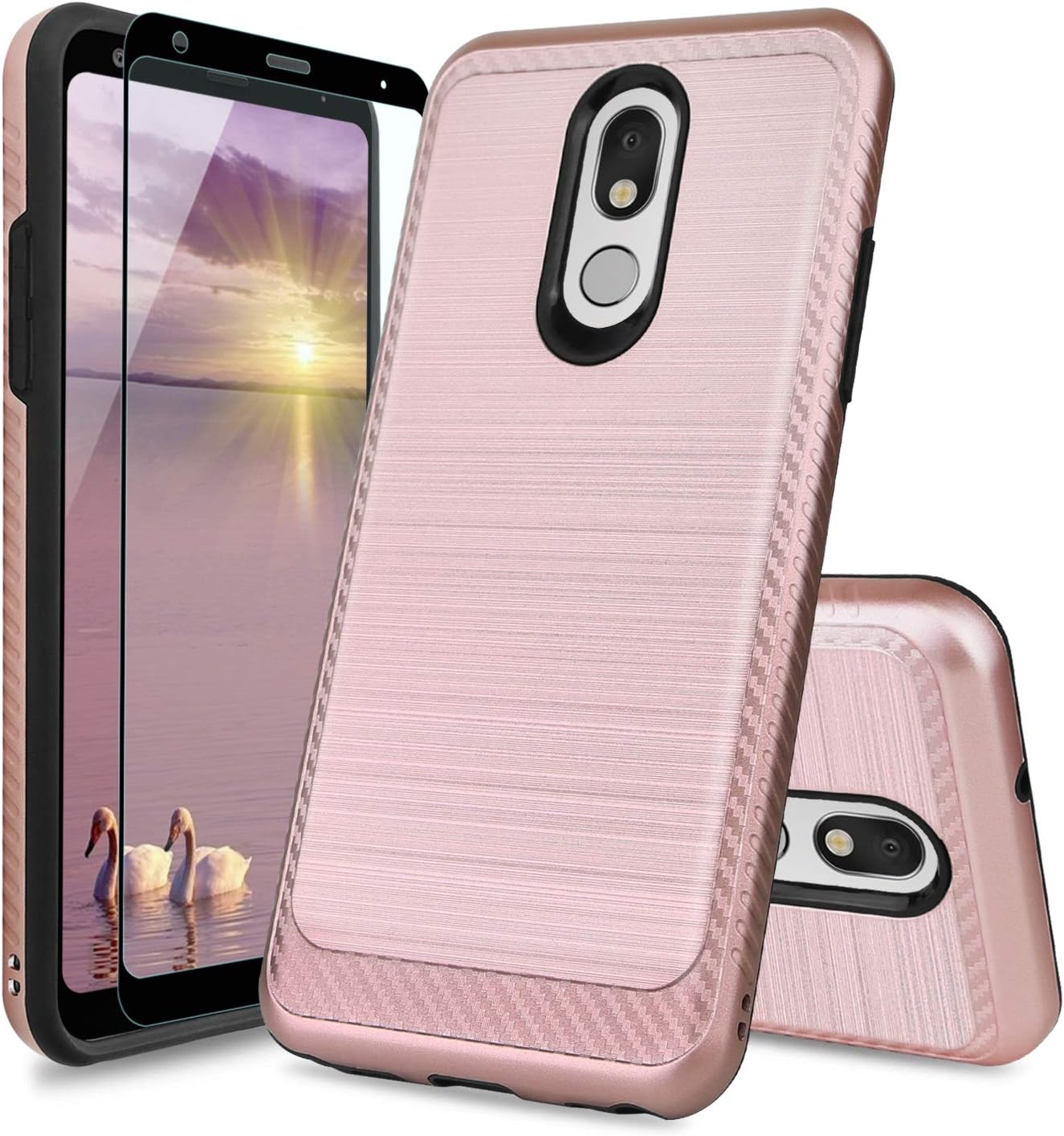 TJS Phone Case Compatible with LG Stylo 5/LG Stylo 5 Plus/LG Stylo 5V/LG Stylo 5X, [Full Coverage Tempered Glass Screen Protector] Hybrid Shockproof Metallic Brush Finish Hard Inner Layer (Rose Gold)