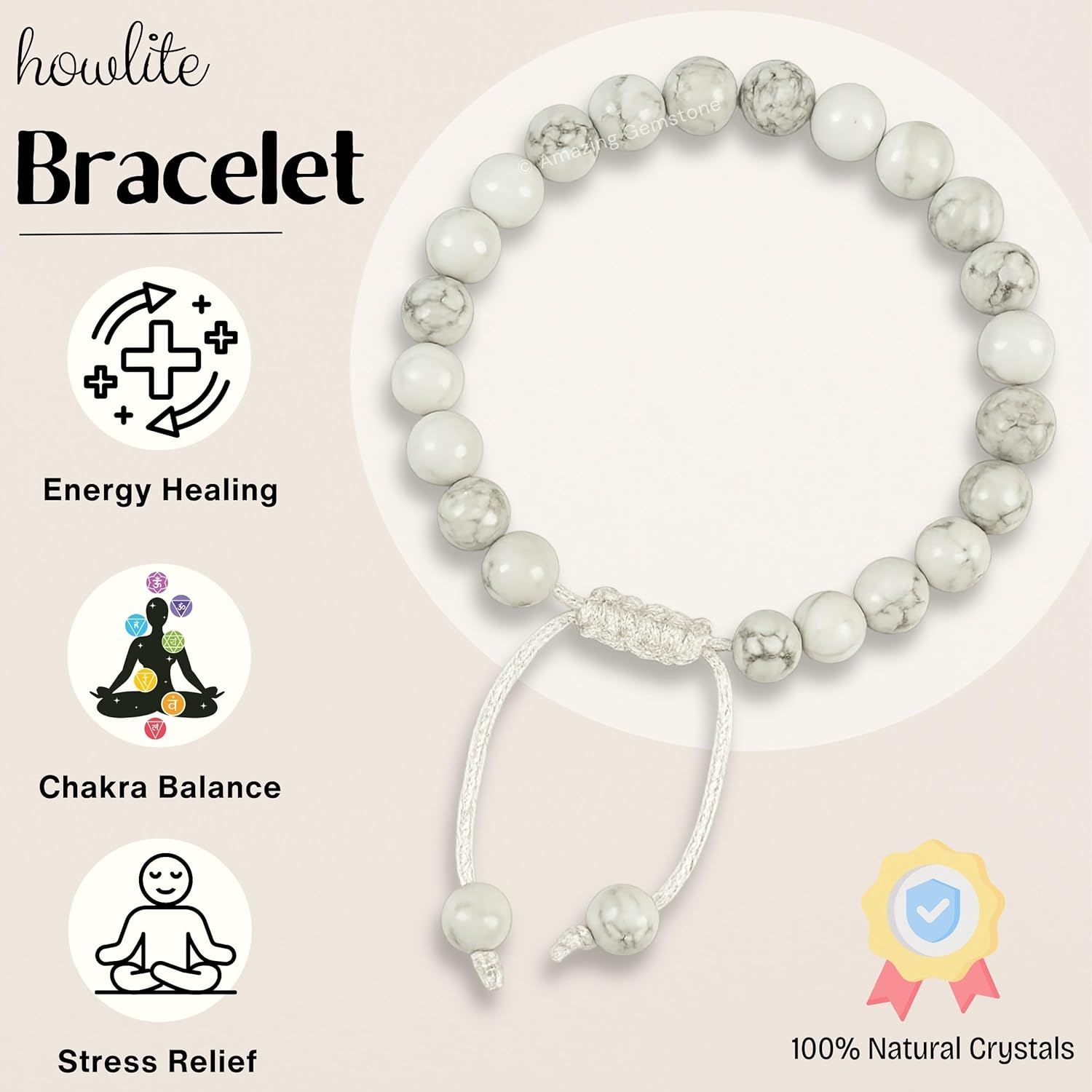 Amazing Gemstone Howlite Bracelet, Gifts For Men & Women - Protection Healing Crystal Bracelet - 8mm Gemstone Beaded Adjustable Bracelet, Pulseras Para Hombres Mujer Stocking Stuffers - Image 3