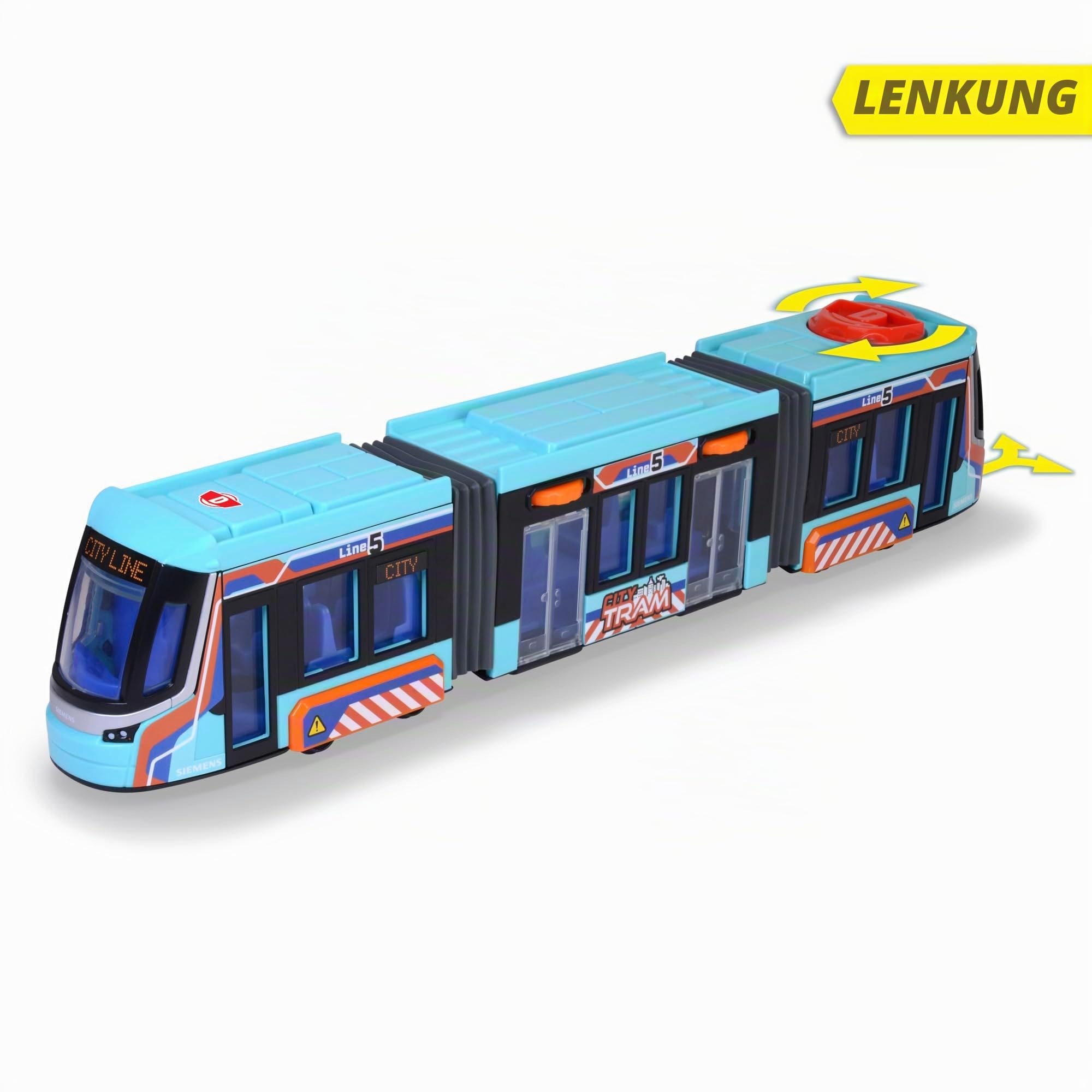 Dickie Toys City Tram Straßenbahn Spielzeug (41,5 cm) - Große Spielzeugautos ab 3 Jahren mit Freilauf, Lenksteuerung & TüRen zum Öffnen - Bus Spielzeug Modell-Bahn für Kinder - 203747016