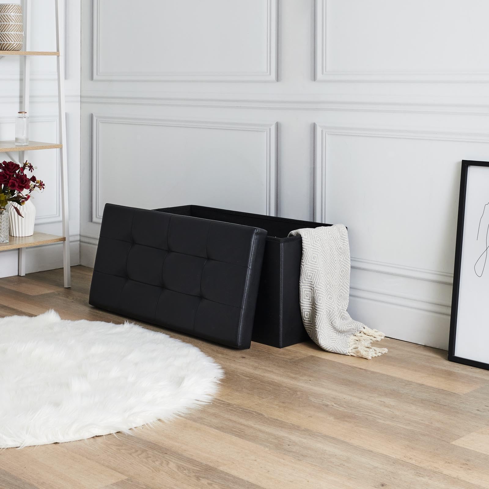 HOME DECO FACTORY - HD3404, Baúl Banco Plegable en PU Negro, Diseño Práctico y Elegante, Diseñado para Almacenamiento, Dimensiones 76 x 37,5 x 37,5 cm, Color Negro