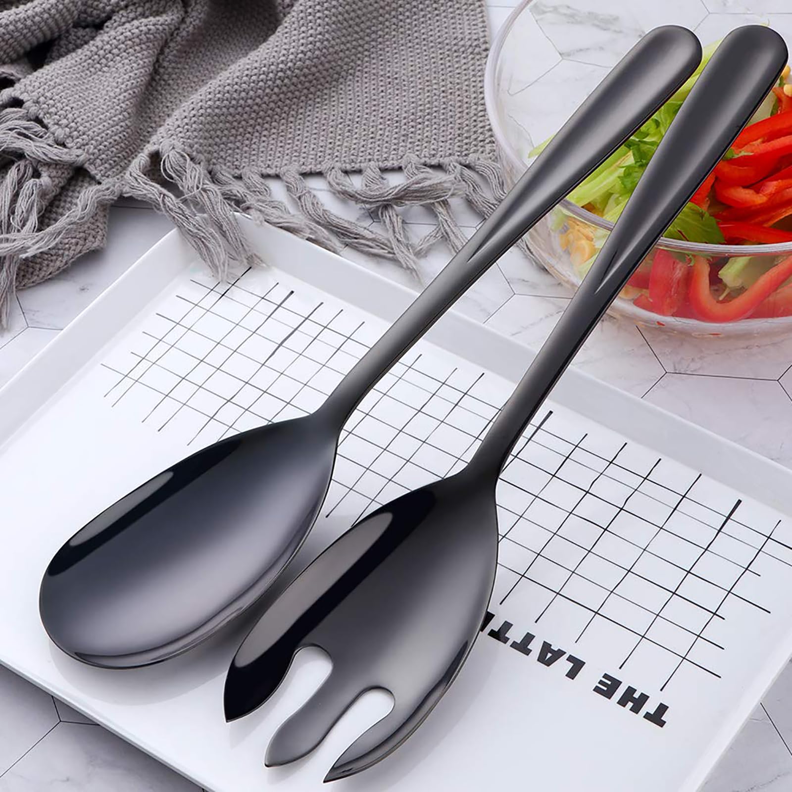 Set of 4 Salad Servers,Noir Couverts à Salade Salad Spoon and Salad Fork, Salad Servers, Stainless Steel Salad Servers, Stainless Steel Salad Servers, Suitable for Kitchen, Dining Room, Party - 4