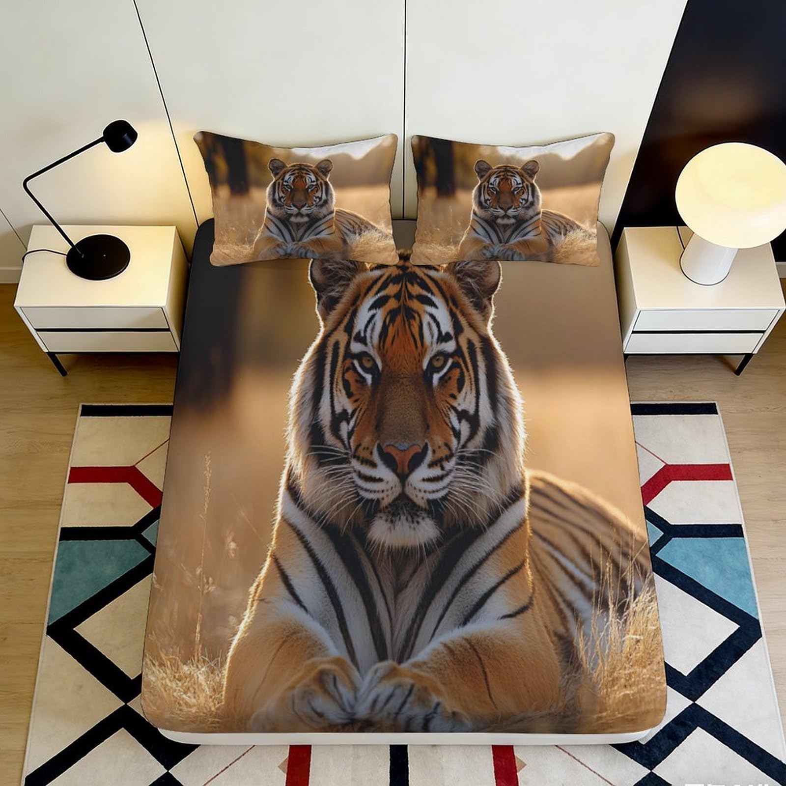 3D Printed Tiger Animal Pattern Fitted Sheet Microfiber Soft Anti-Slip Bed Cover for Bedroom Dorm Easy Care 160x200x25cm