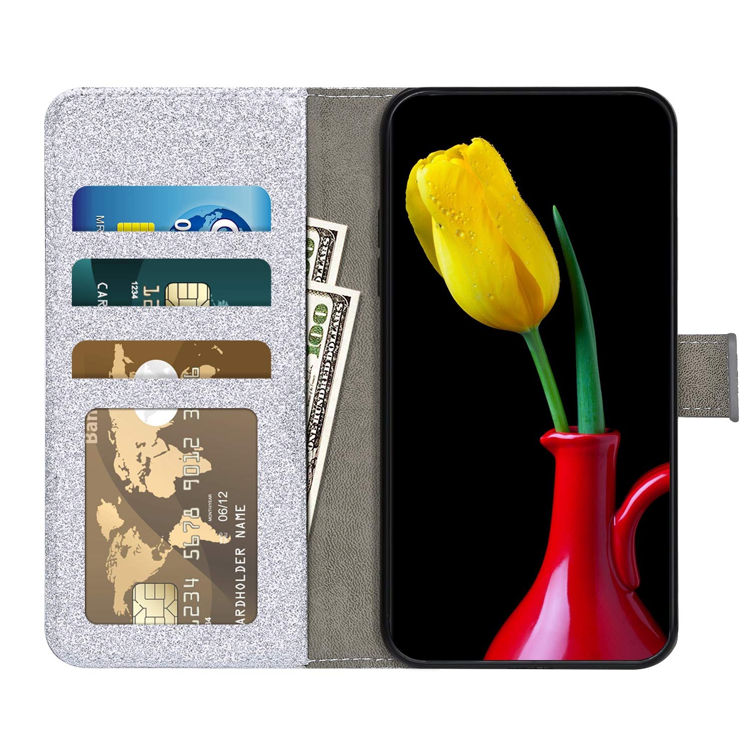 Uposao Custodia a portafoglio in pelle PU per Galaxy A20e glitterata, multiuso, con 9 carte di credito, supporto per Galaxy A20e, colore: argento