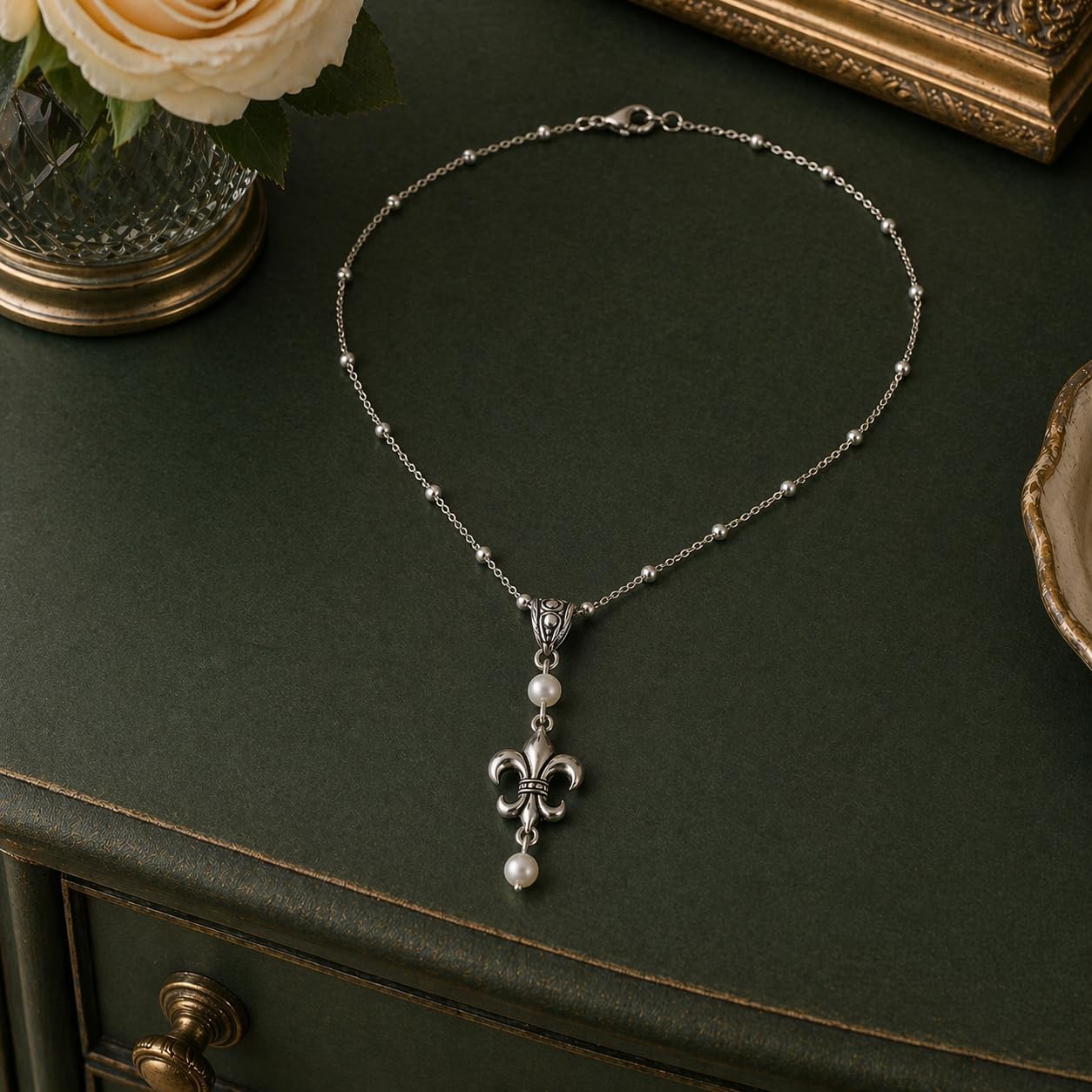 Fleur De Lis Double Pearl Handmade Necklace on a Sterling Silver Chain