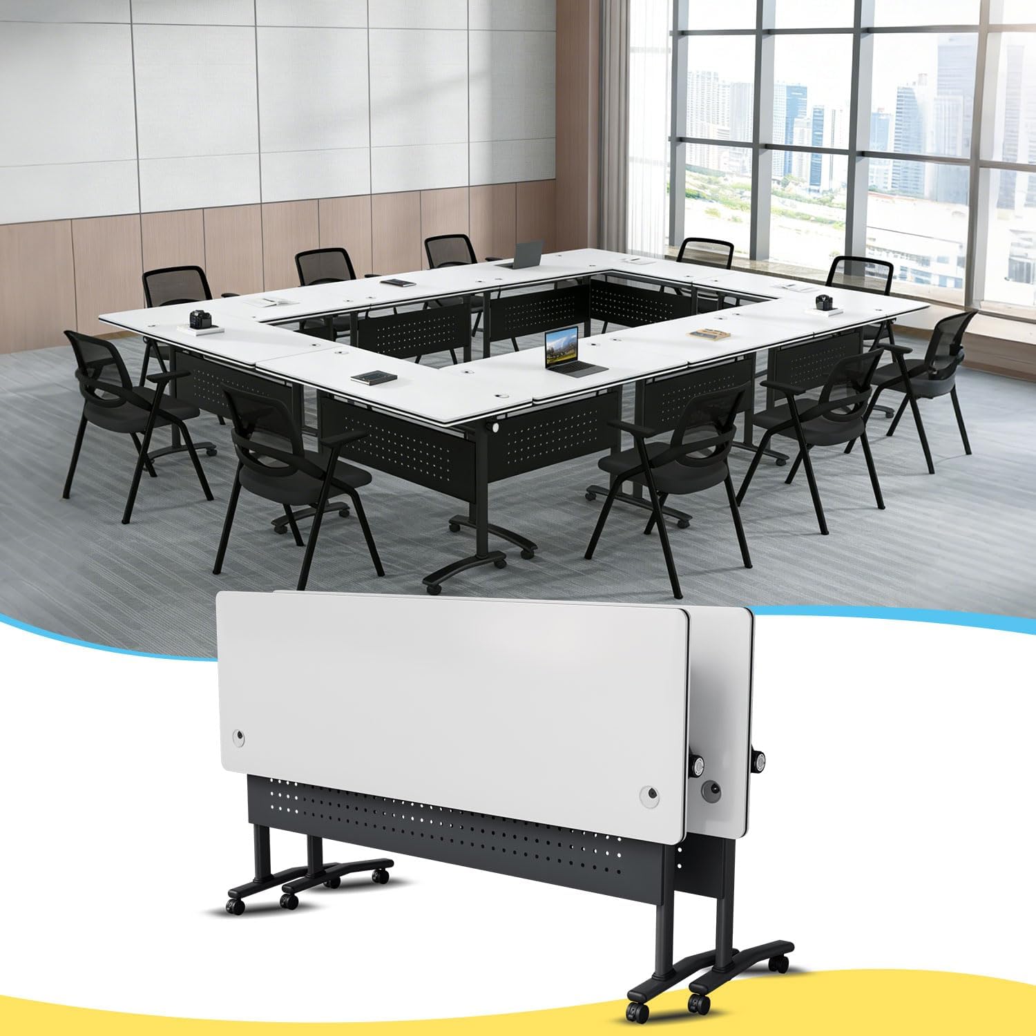 Folding Conference Room Tables, Conference Table with Power Grommet,Flip-Top Modular Training Table on Wheels,Seminar Conference Table for Home Office Class