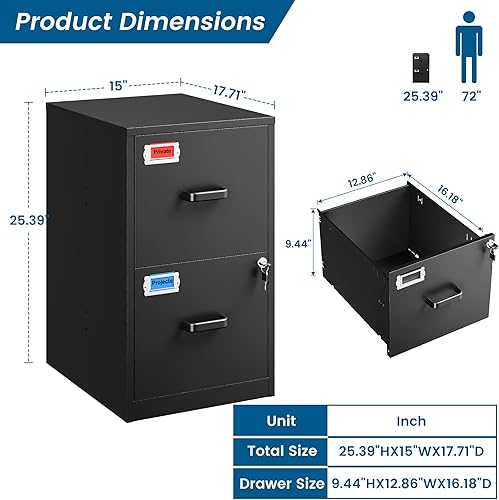 Vista 58 de Archivador de 2 cajones, archivador vertical de metal de 16.3 pulgadas de profundidad con cerradura para oficina en casa, 2 cajones de Negro