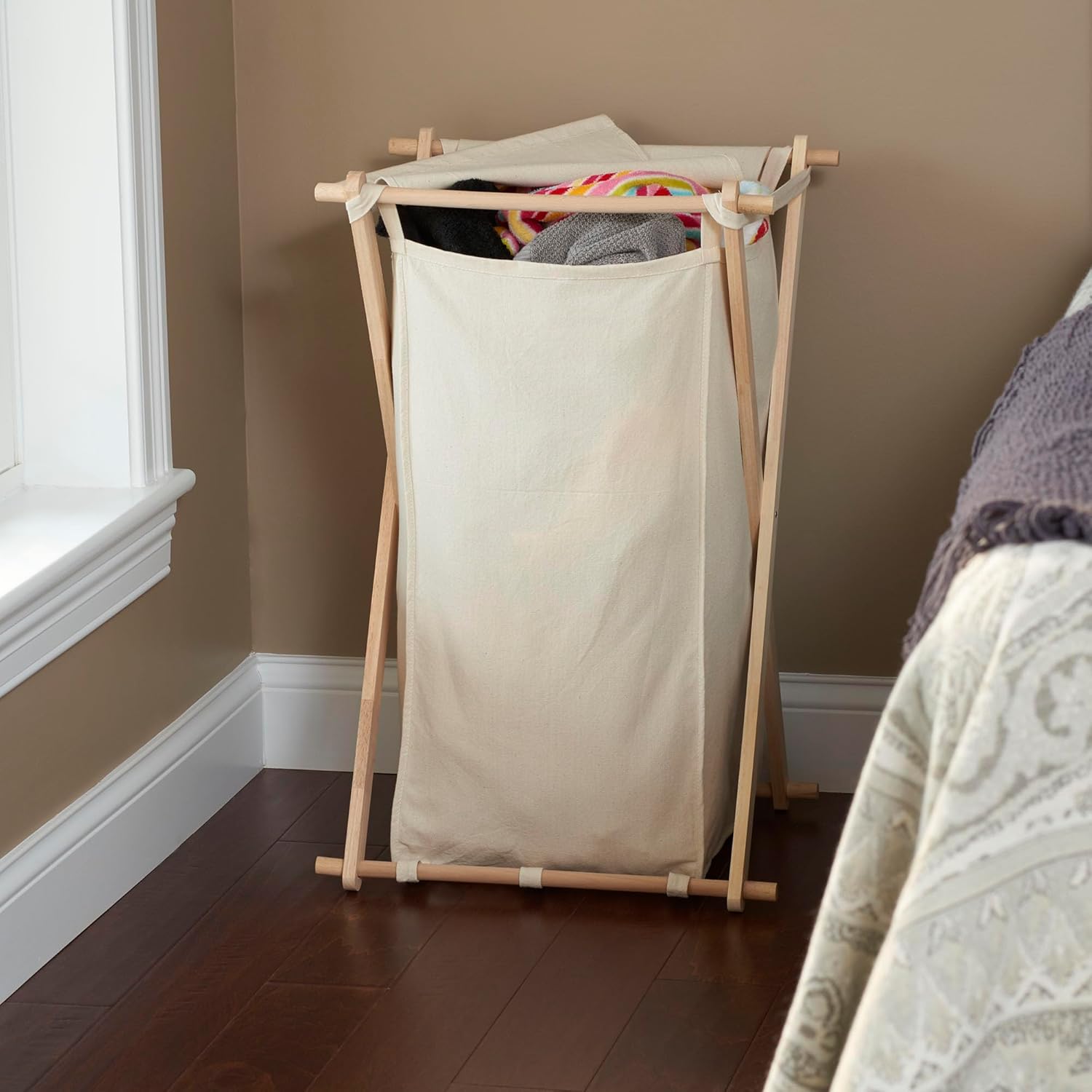 household essentials 6785-1 collapsible wood x-frame laundry hamper with fold over lid natural hamper