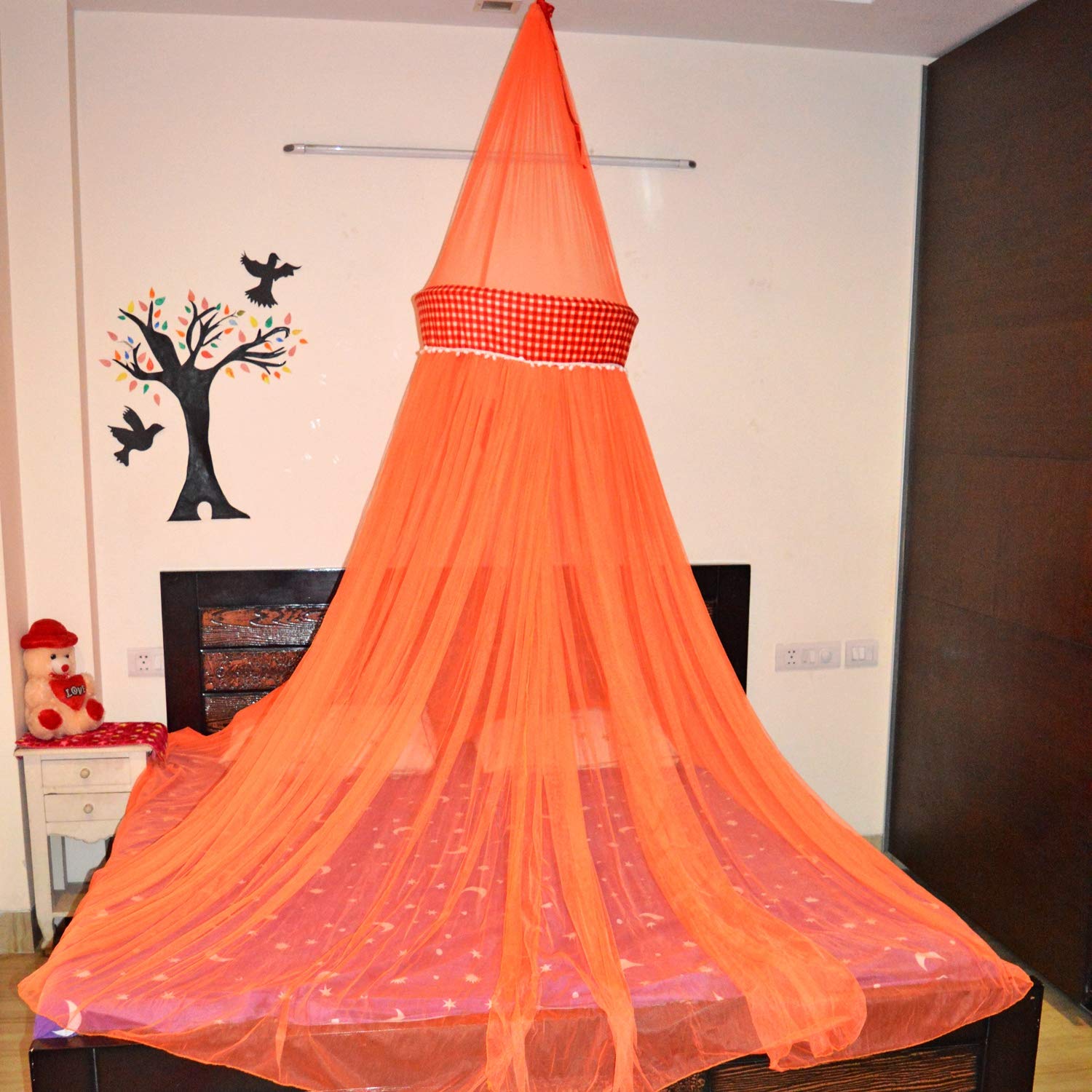 Creative Textiles Ceiling Hanging Mosquito Net I Machardani for Double Bed King Size I Polyster Canopy Circular Curtain for Bedroom I Keeps Away Insects and Flies - Orange