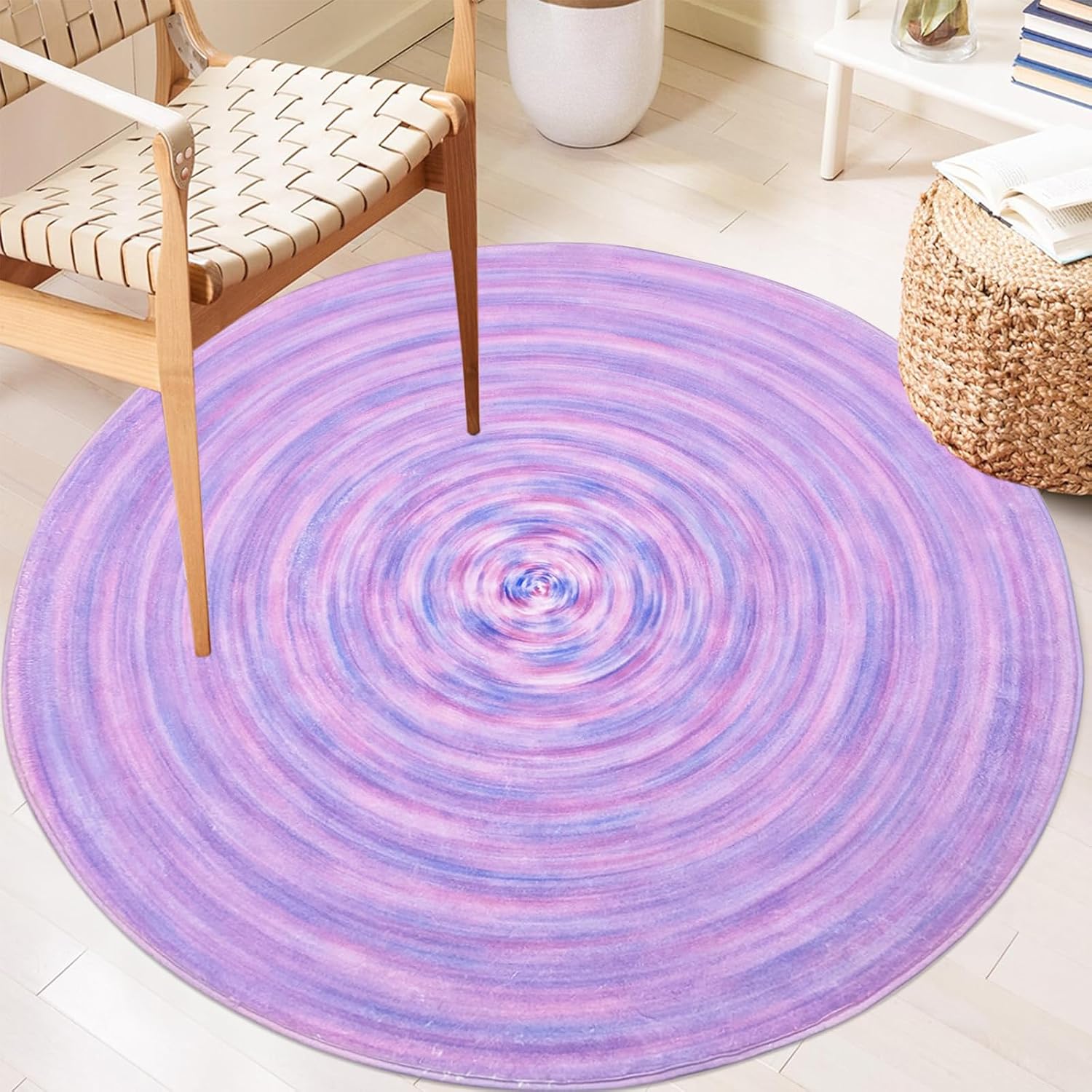 Pastel Kids Rug 3.3Ft Round Purple Carpet for Girls Bedroom Playroom Nursery, Circle Modern Abstract Colorful Children Rug, Nonslip Washable Gradient Floor Mat for Living Room Dorm