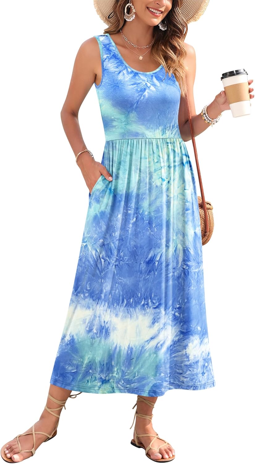 WNEEDU Women's Summer Maxi Dress 2025 Casual Sleeveless Hawaiian Sundress Tropical Long Dress Beach Vacation Outfit