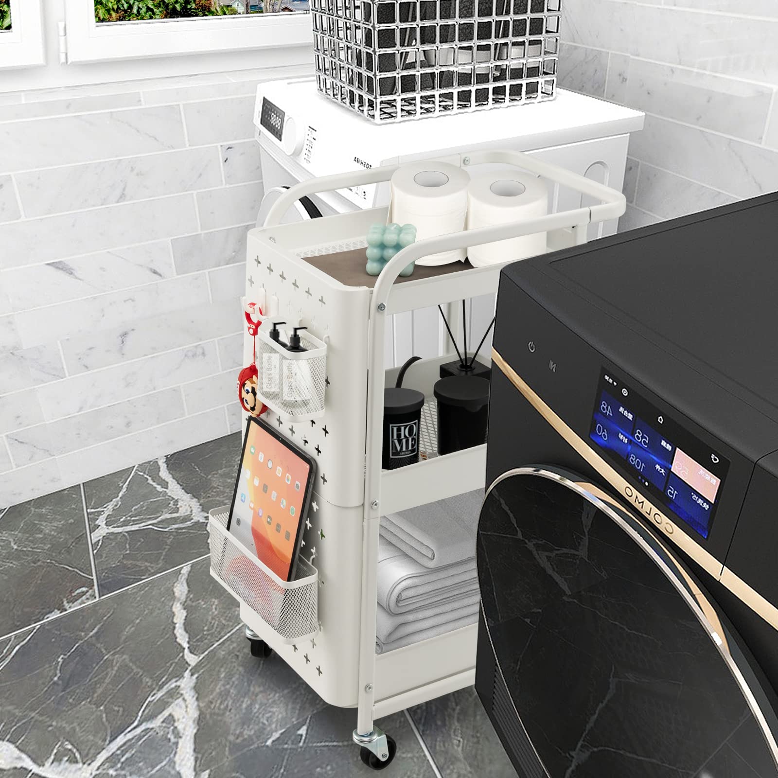 Giantex Carrello Mobile in Metallo a 3 Livelli, Carrello con Bordo di Pin, Cestini di Stoccaggio, Ganci, Carrello di Servizio con 4 Ruote, per Cucina, Bagno, Ufficio, 52x33x75cm